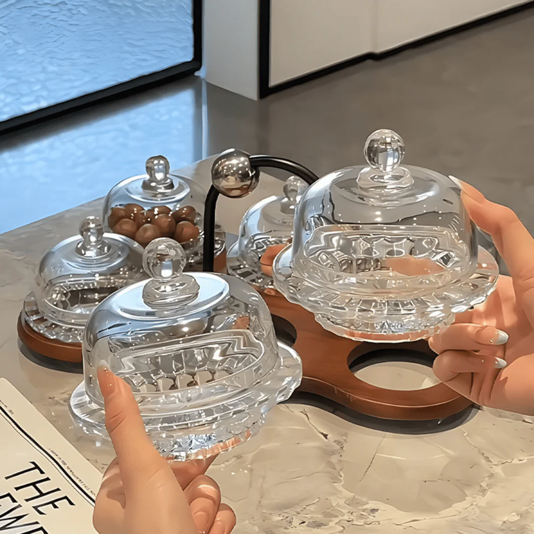 Elegant Multi-Dome Glass Snack Tray with Wooden Base Set - Image 5
