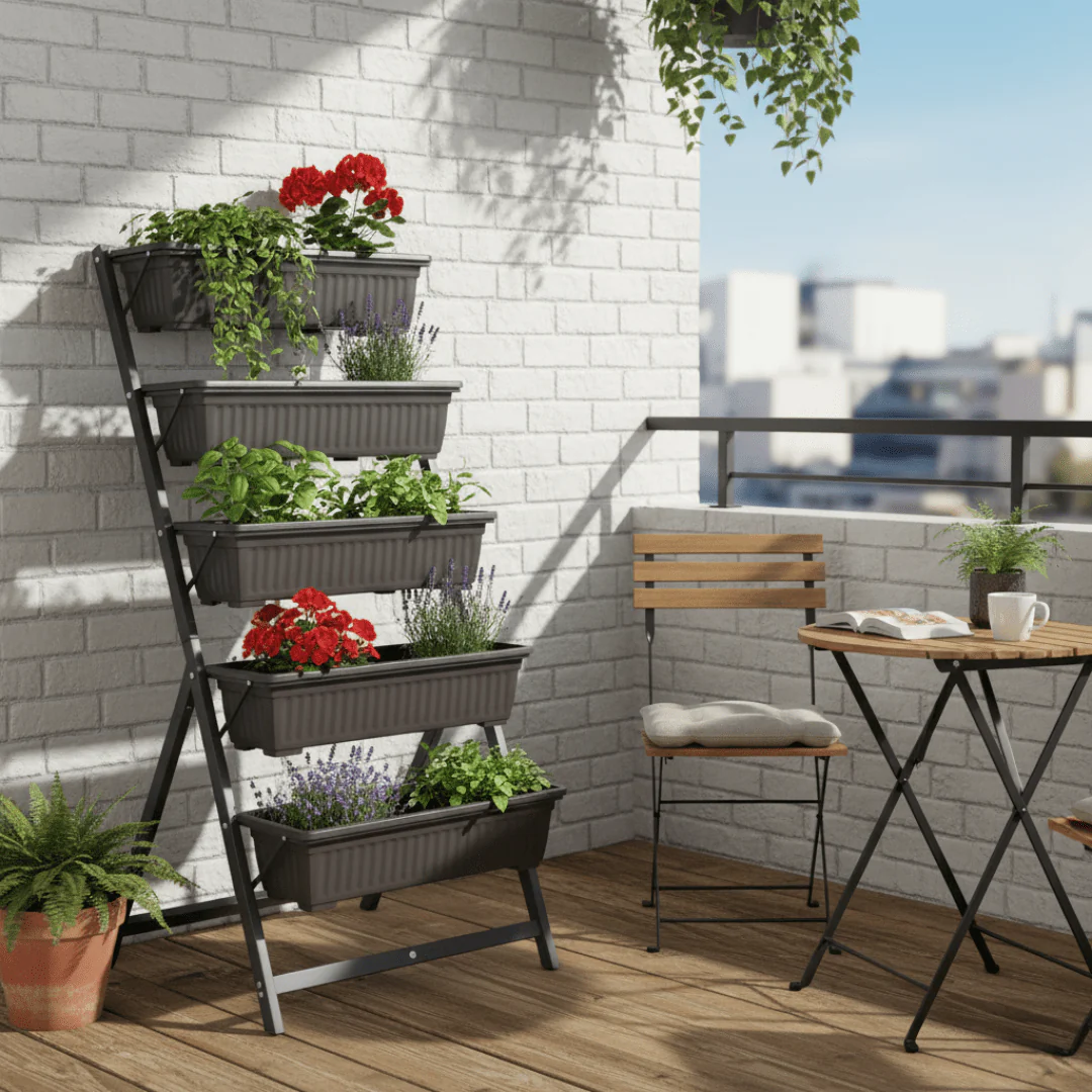 Five Layer Iron Vertical Plant Stand with Plastic Flower Pots - Image 3