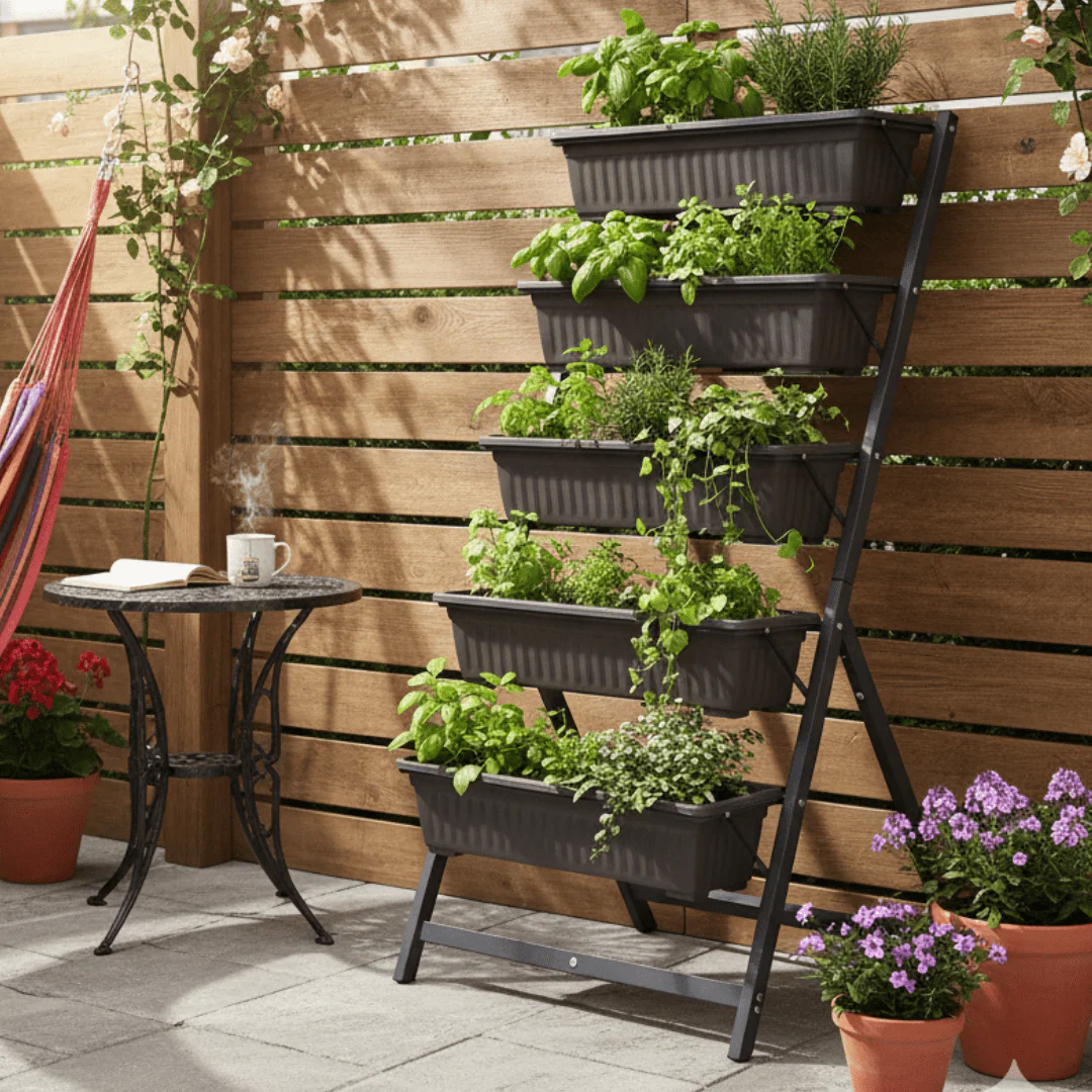 Five Layer Iron Vertical Plant Stand with Plastic Flower Pots - Image 4