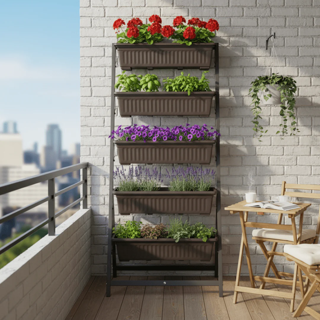 Five Layer Iron Vertical Plant Stand with Plastic Flower Pots - Image 5