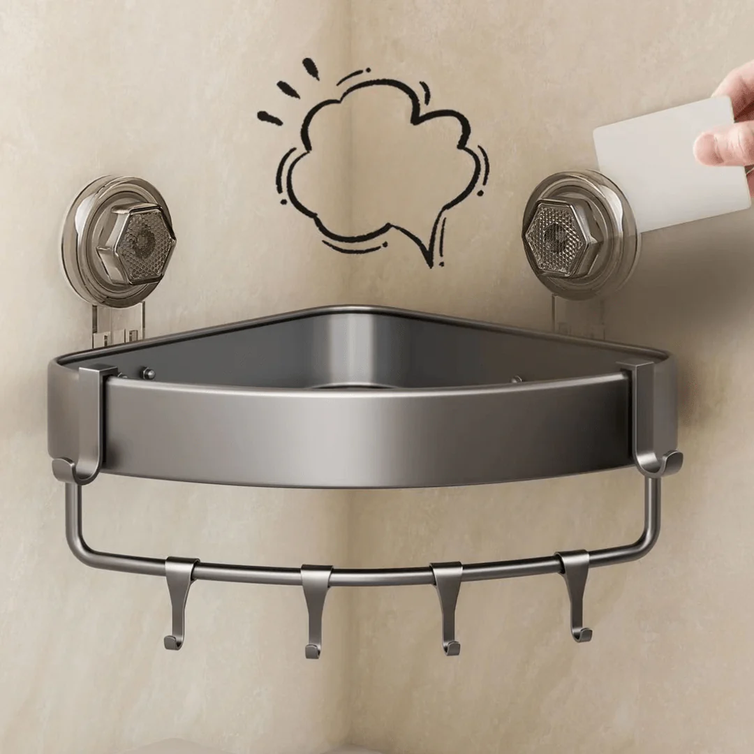 Bathroom Wall Mounted Corner Storage Rack Organizer With Hooks - Image 5