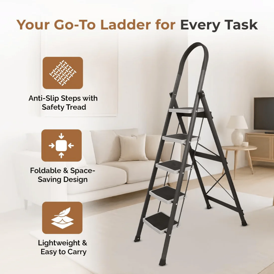 High-Strength Stainless Steel Five-Step Foldable Ladder - Image 3