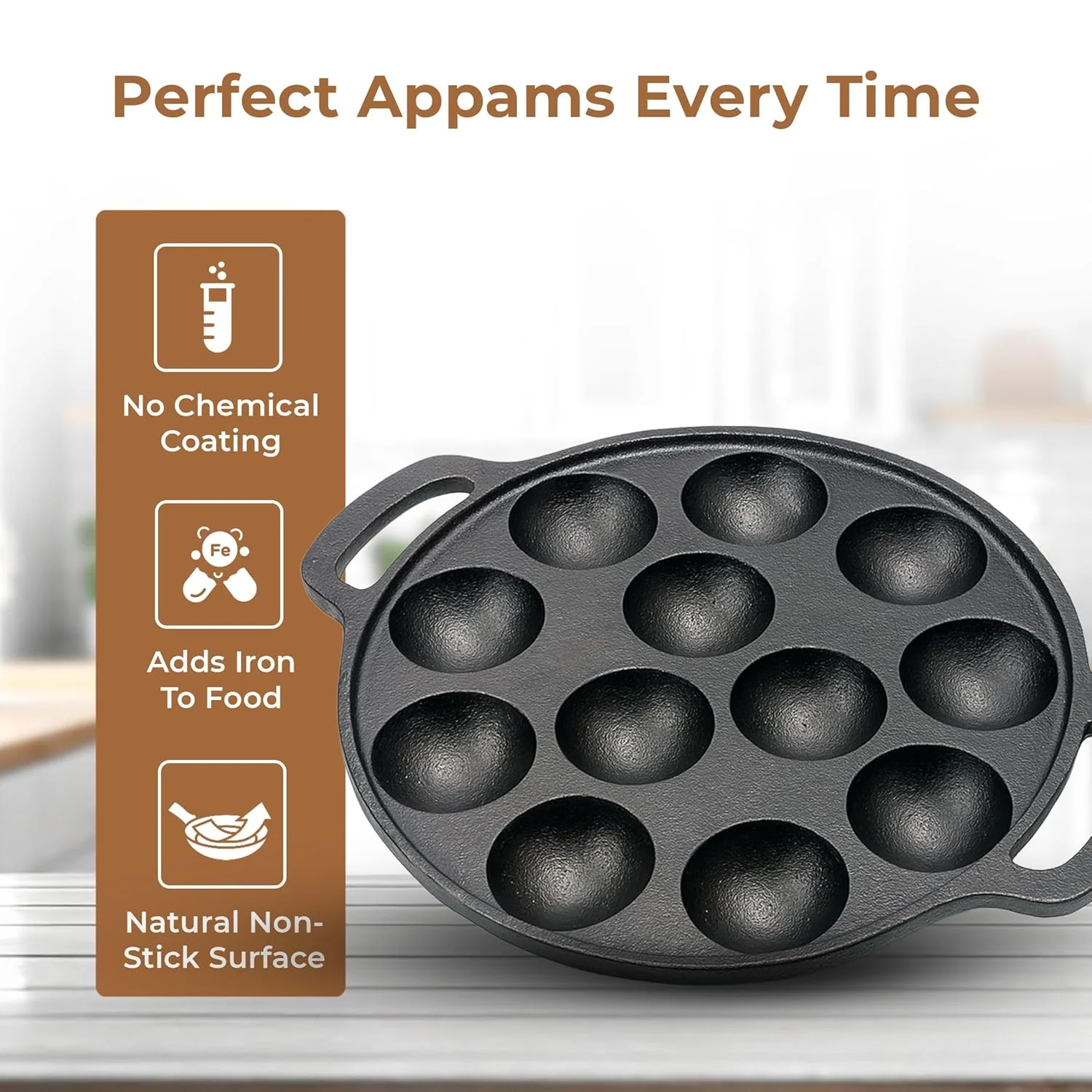 HomeEssentials 12-Cup Cast Iron Paniyaram Pan (26cm) - Image 3