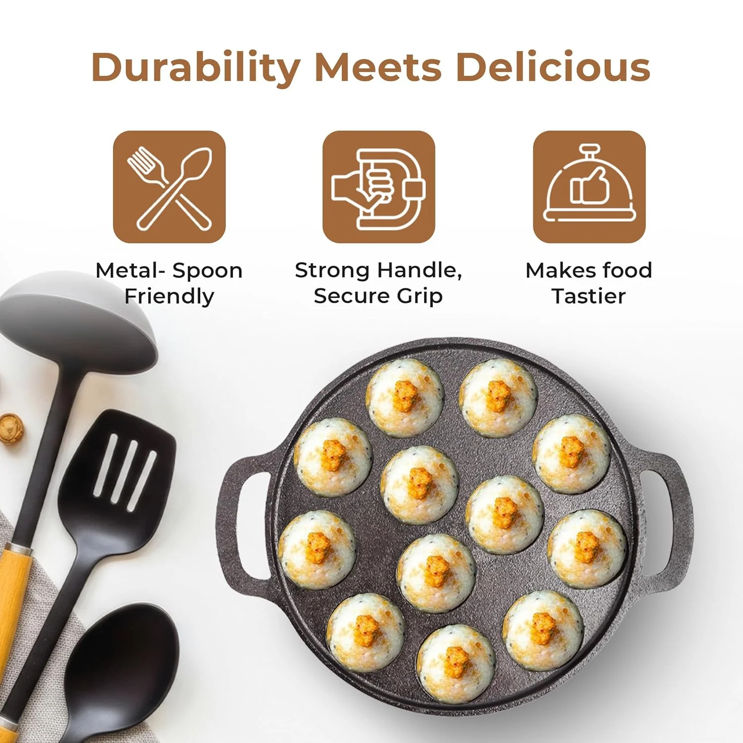 HomeEssentials 12-Cup Cast Iron Paniyaram Pan (26cm) - Image 4