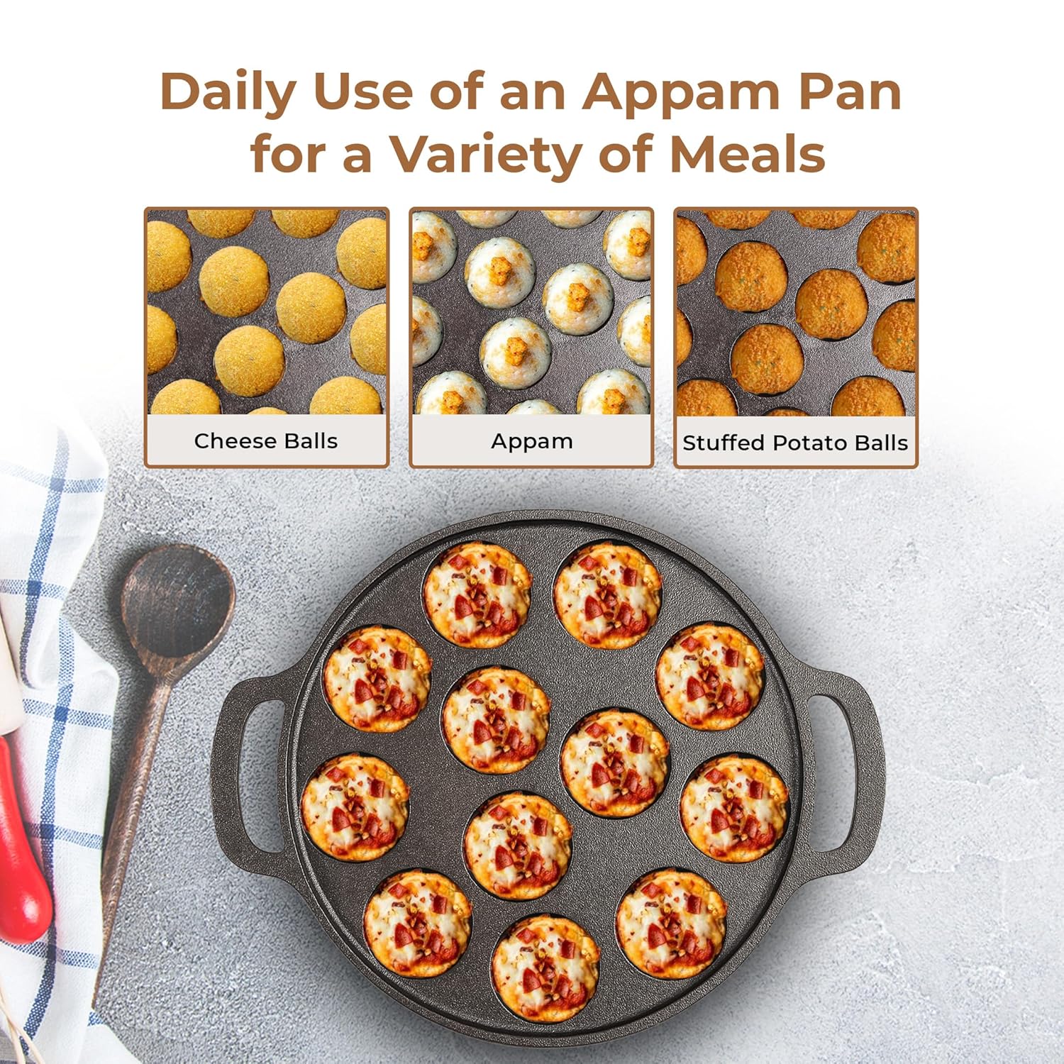 HomeEssentials 12-Cup Cast Iron Paniyaram Pan (26cm) - Image 5