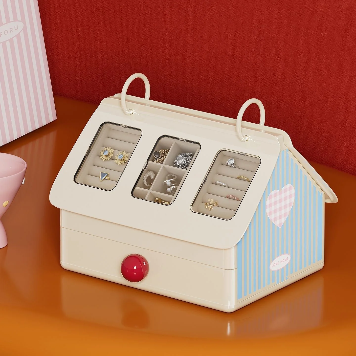 House-Style Multi-Compartment Jewelry Box with Transparent Window - Image 2