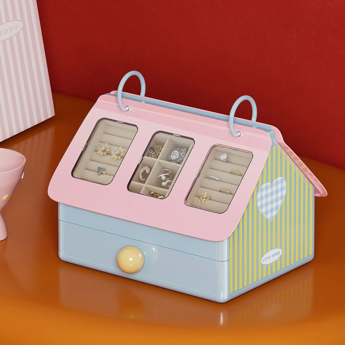 House-Style Multi-Compartment Jewelry Box with Transparent Window - Image 3
