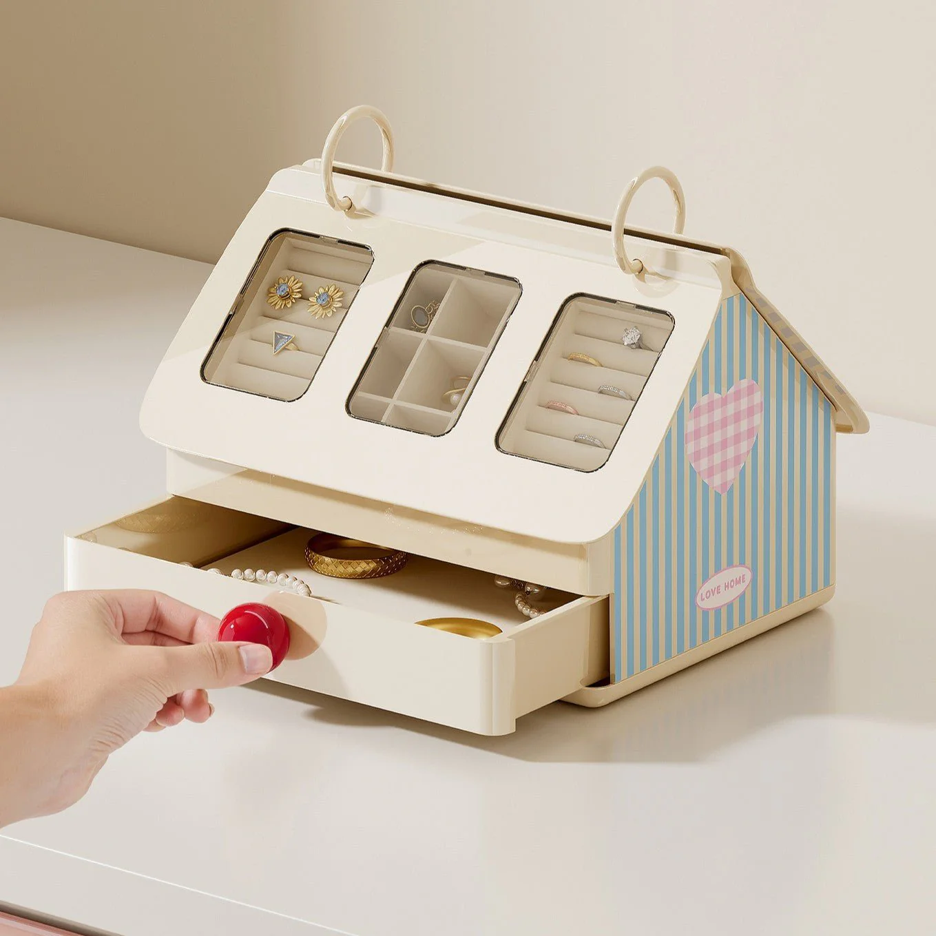 House-Style Multi-Compartment Jewelry Box with Transparent Window - Image 6