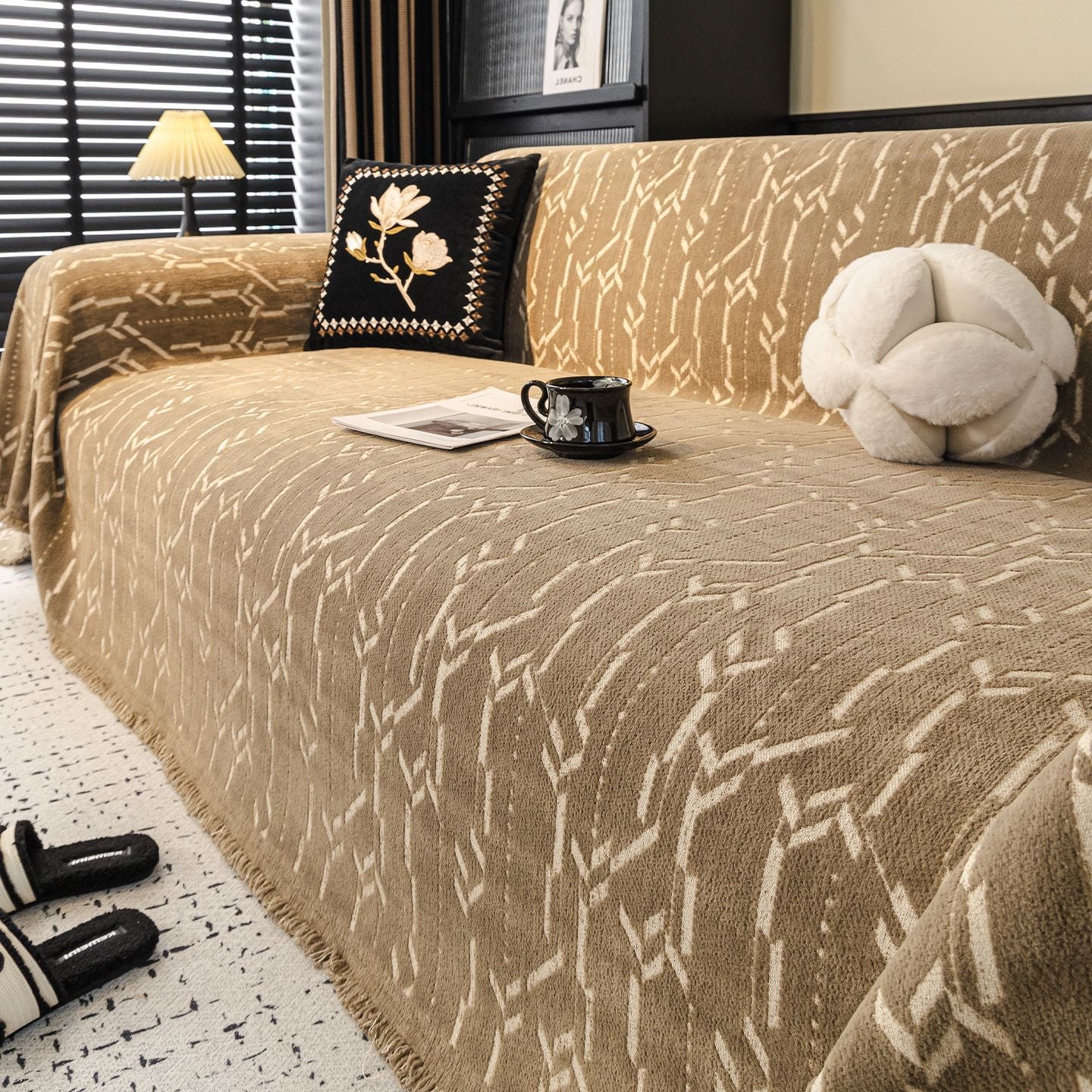 Khaki Elegance Chenille Sofa Cover : [EM-SC-46] - Image 2