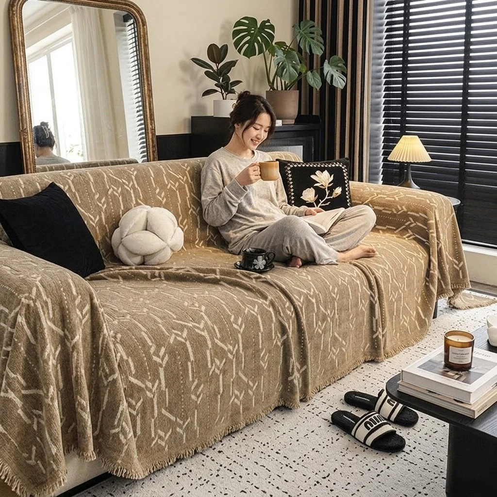Khaki Elegance Chenille Sofa Cover : [EM-SC-46] - Image 4