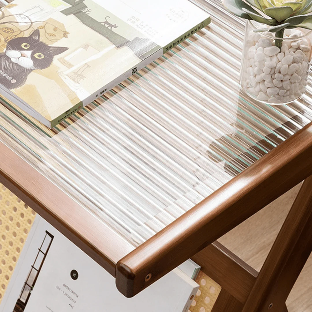Modern Bamboo Side Table with Glass & Storage Shelf (Brown-55cm) - Image 3