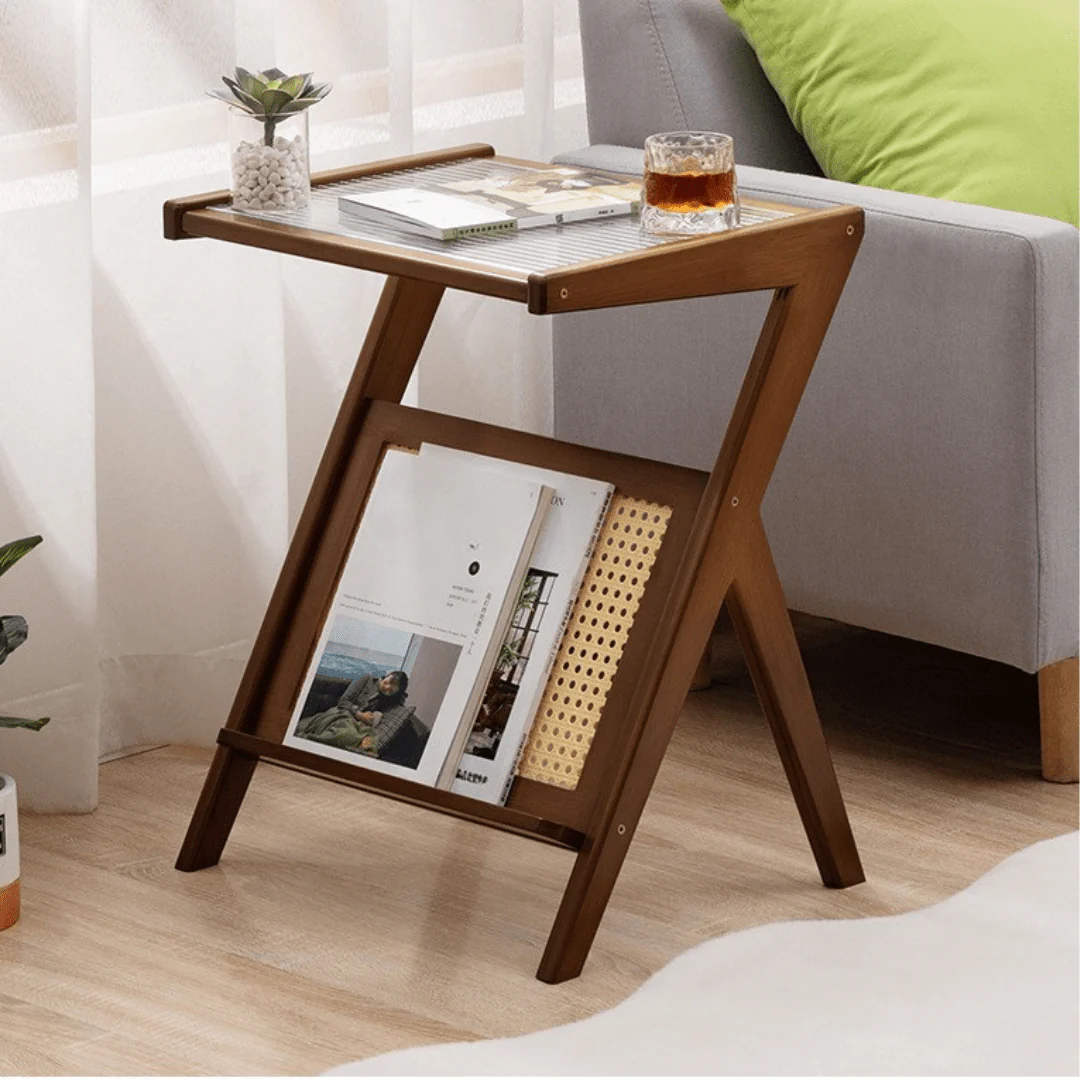 Modern Bamboo Side Table with Glass & Storage Shelf (Brown-55cm) - Image 4