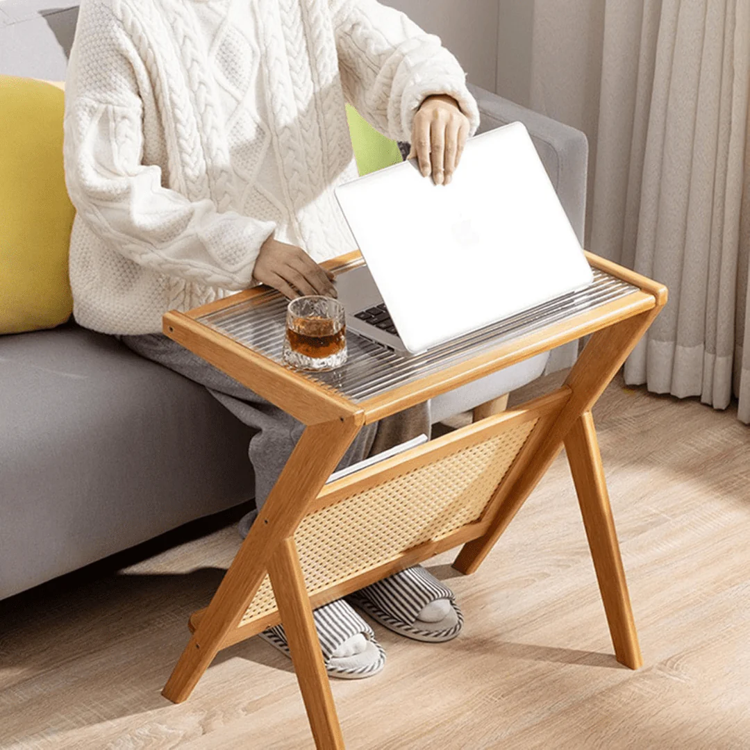 Modern Bamboo Side Table with Glass & Storage Shelf (55cm) - Image 3