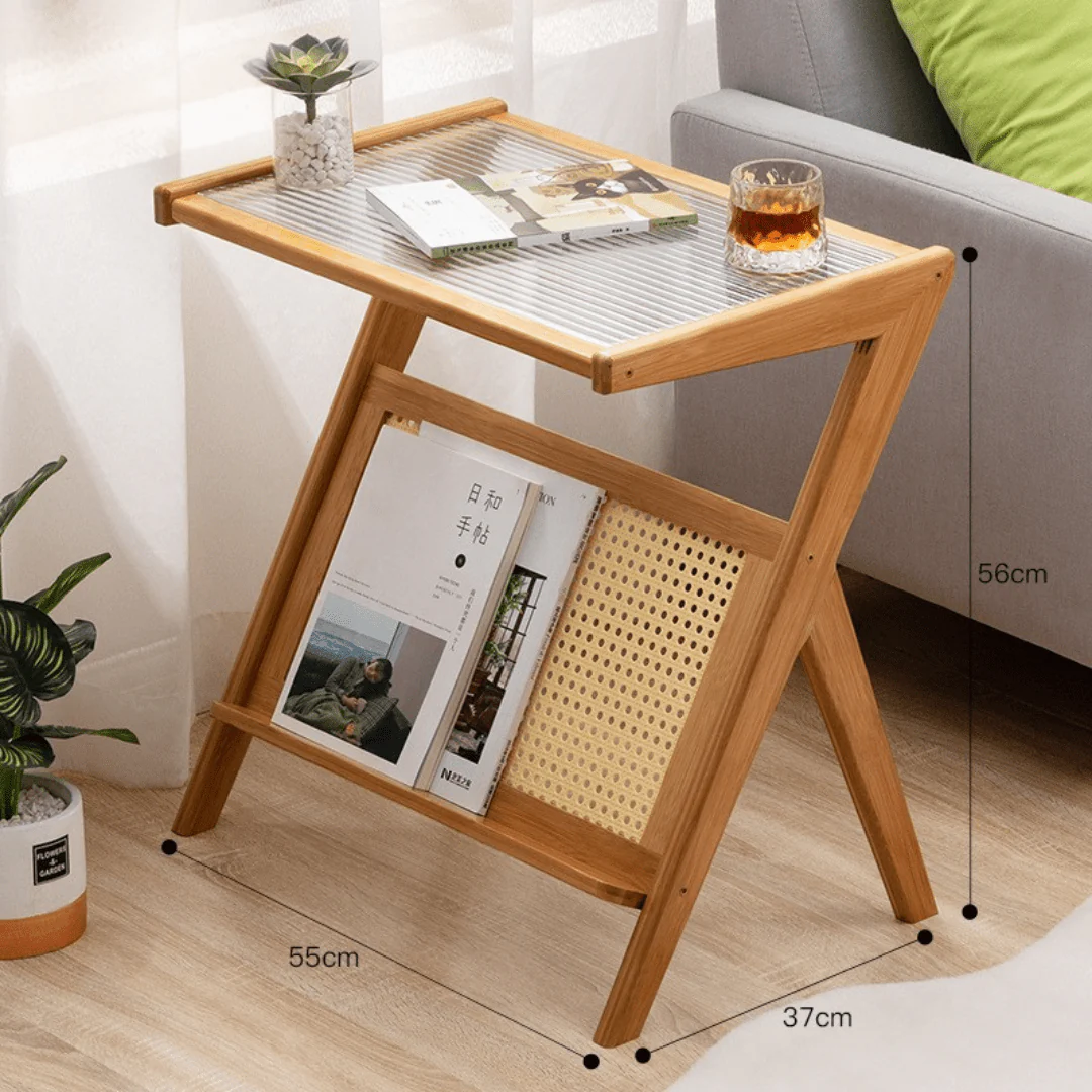 Modern Bamboo Side Table with Glass & Storage Shelf (55cm) - Image 5