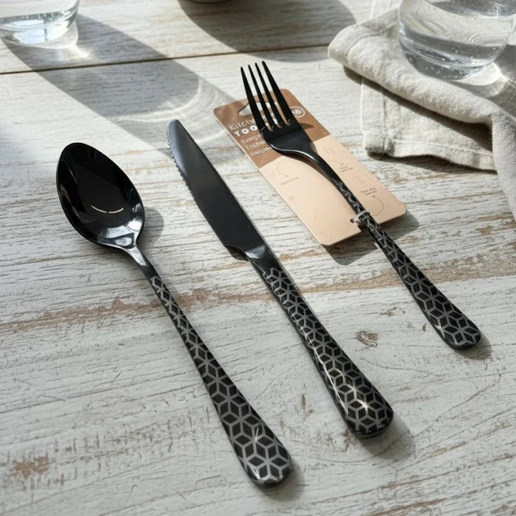 Modern Classic Black Geometric Stainless Steel Flatware Set of 3 - Image 2