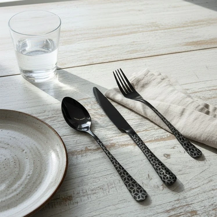 Modern Classic Black Geometric Stainless Steel Flatware Set of 3 - Image 5
