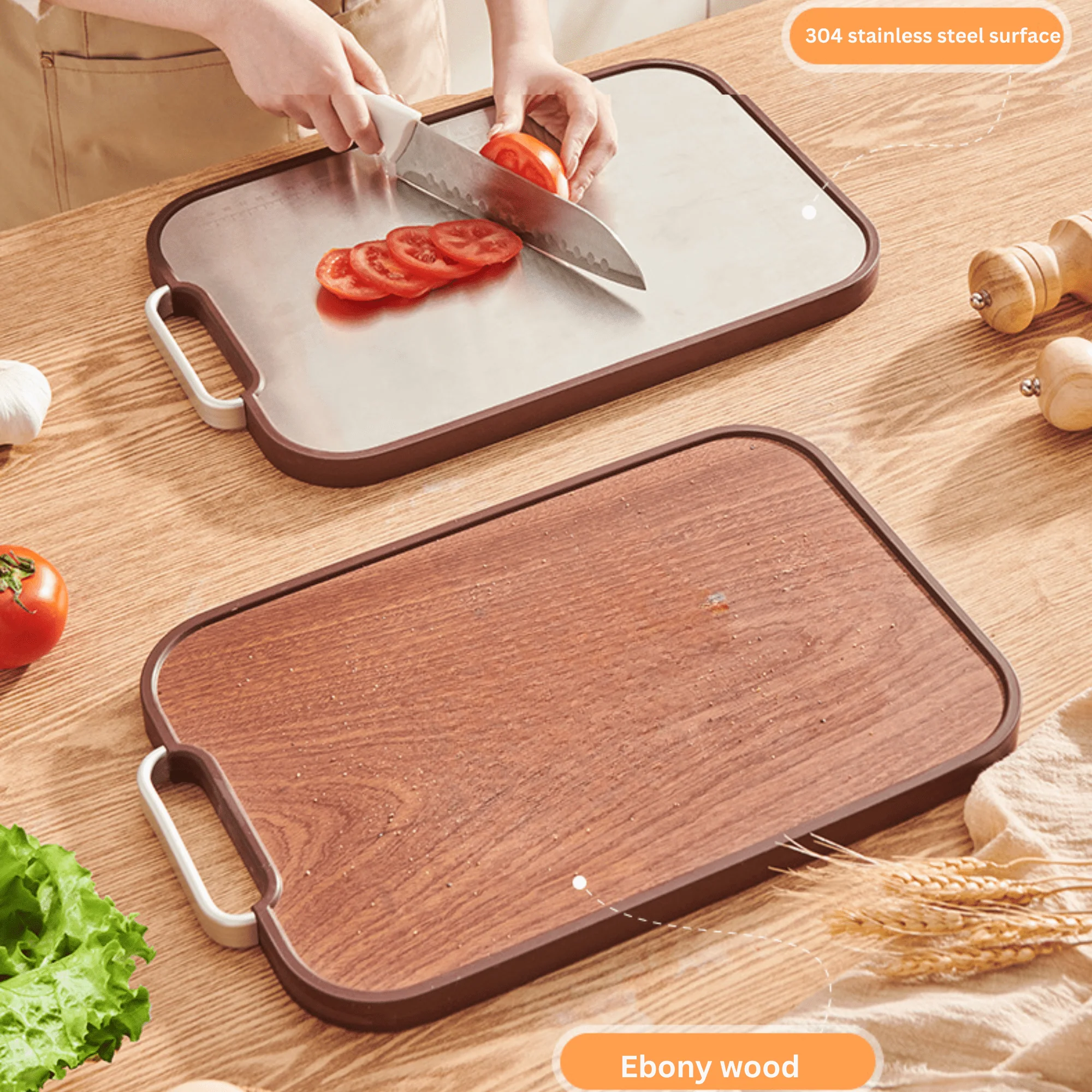 Multi-Function Ebony Stainless Steel Double-Sided Cutting Board (40cm) - Image 3