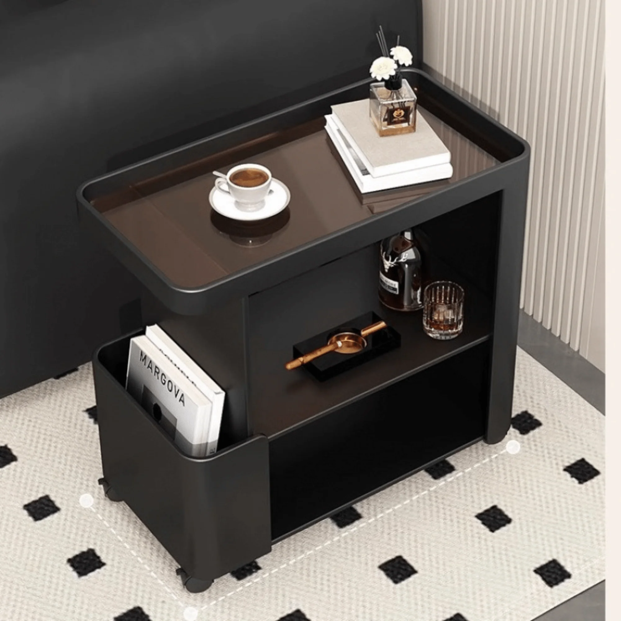 Multi-Functional 3-Tier Compact Bedside Table with Storage Shelves & Wheels - Image 2