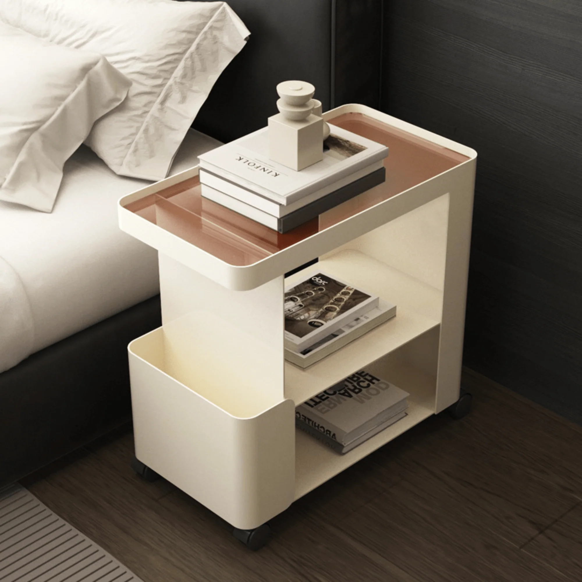 Multi-Functional 3-Tier Compact Bedside Table with Storage Shelves & Wheels - Image 3