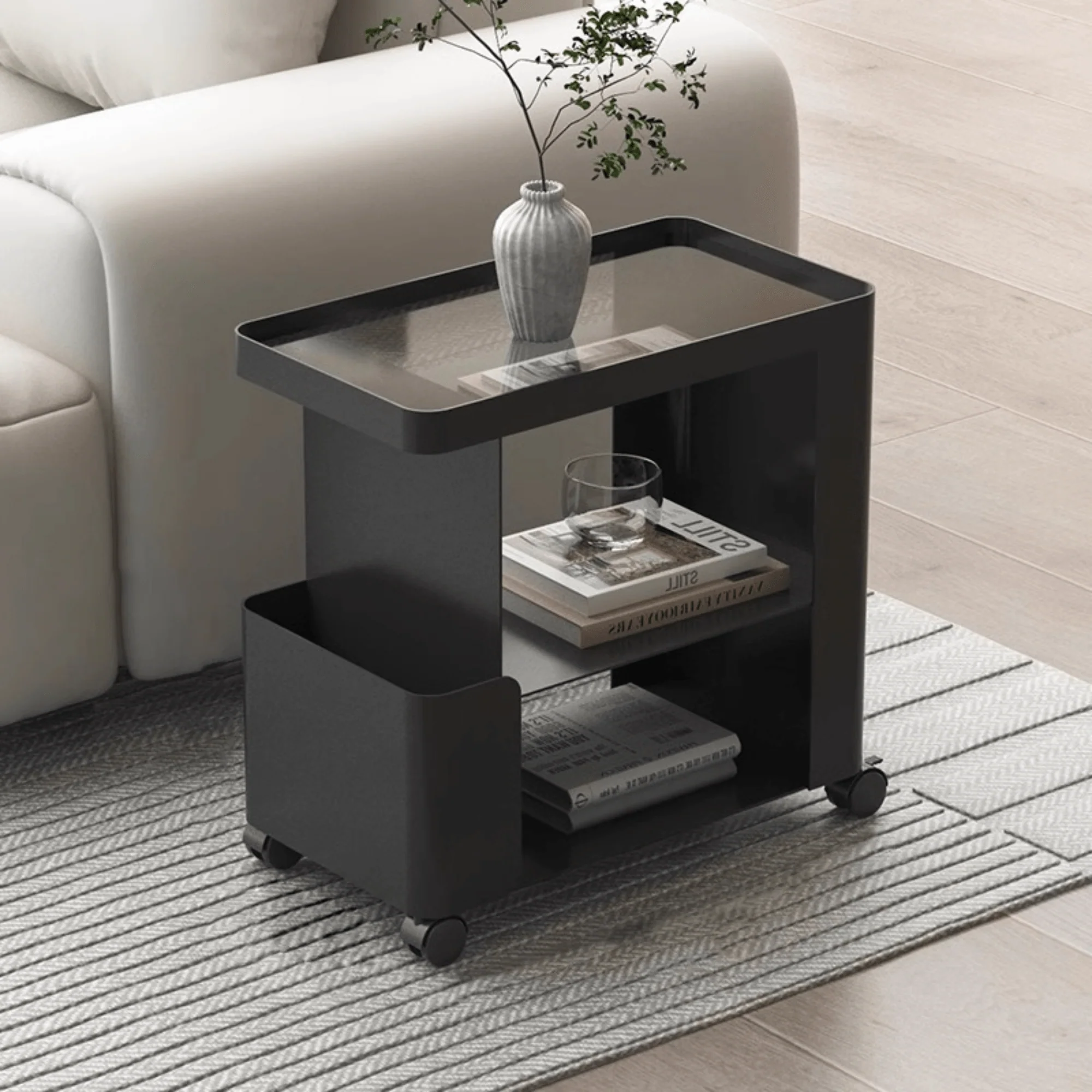 Multi-Functional 3-Tier Compact Bedside Table with Storage Shelves & Wheels - Image 4