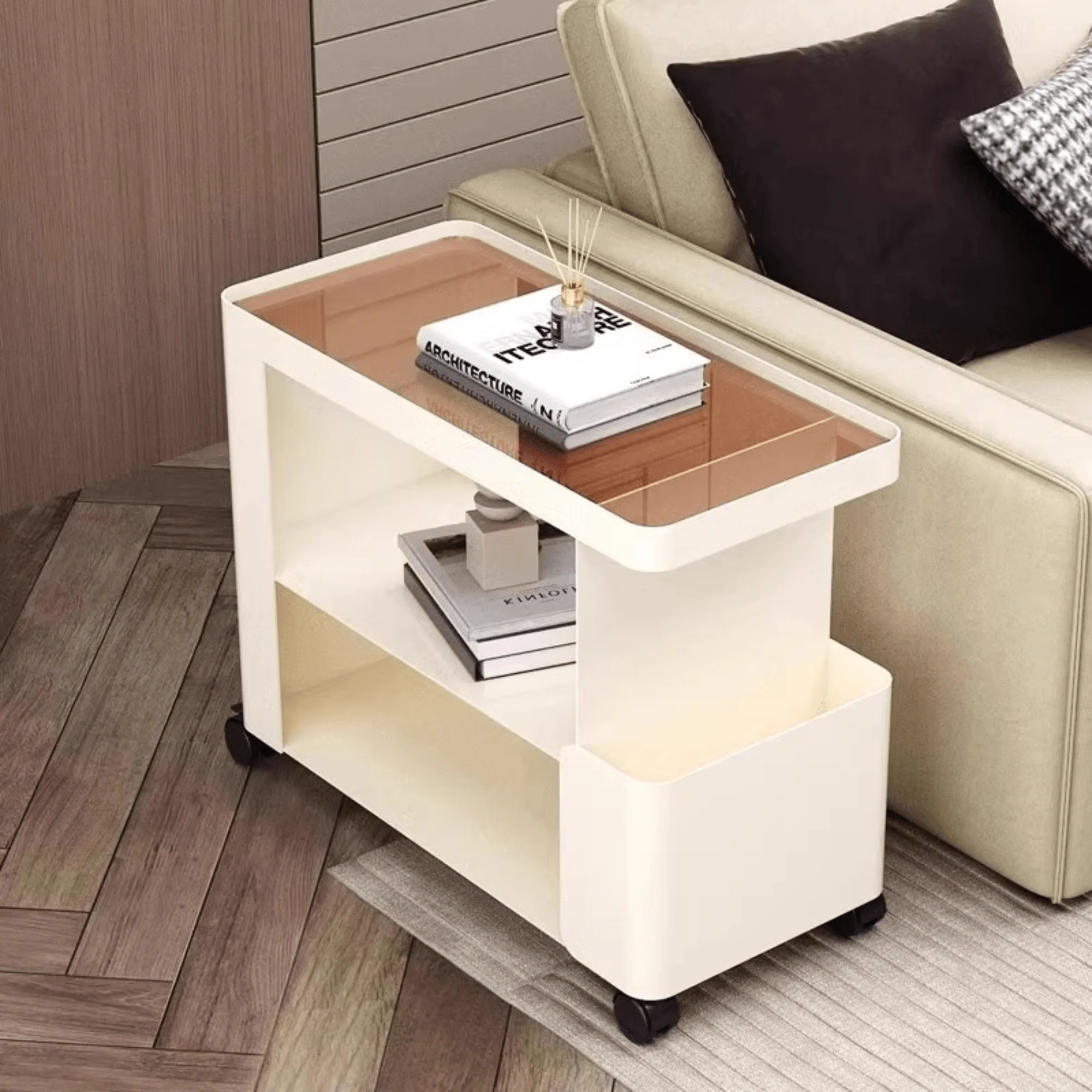 Multi-Functional 3-Tier Compact Bedside Table with Storage Shelves & Wheels - Image 5