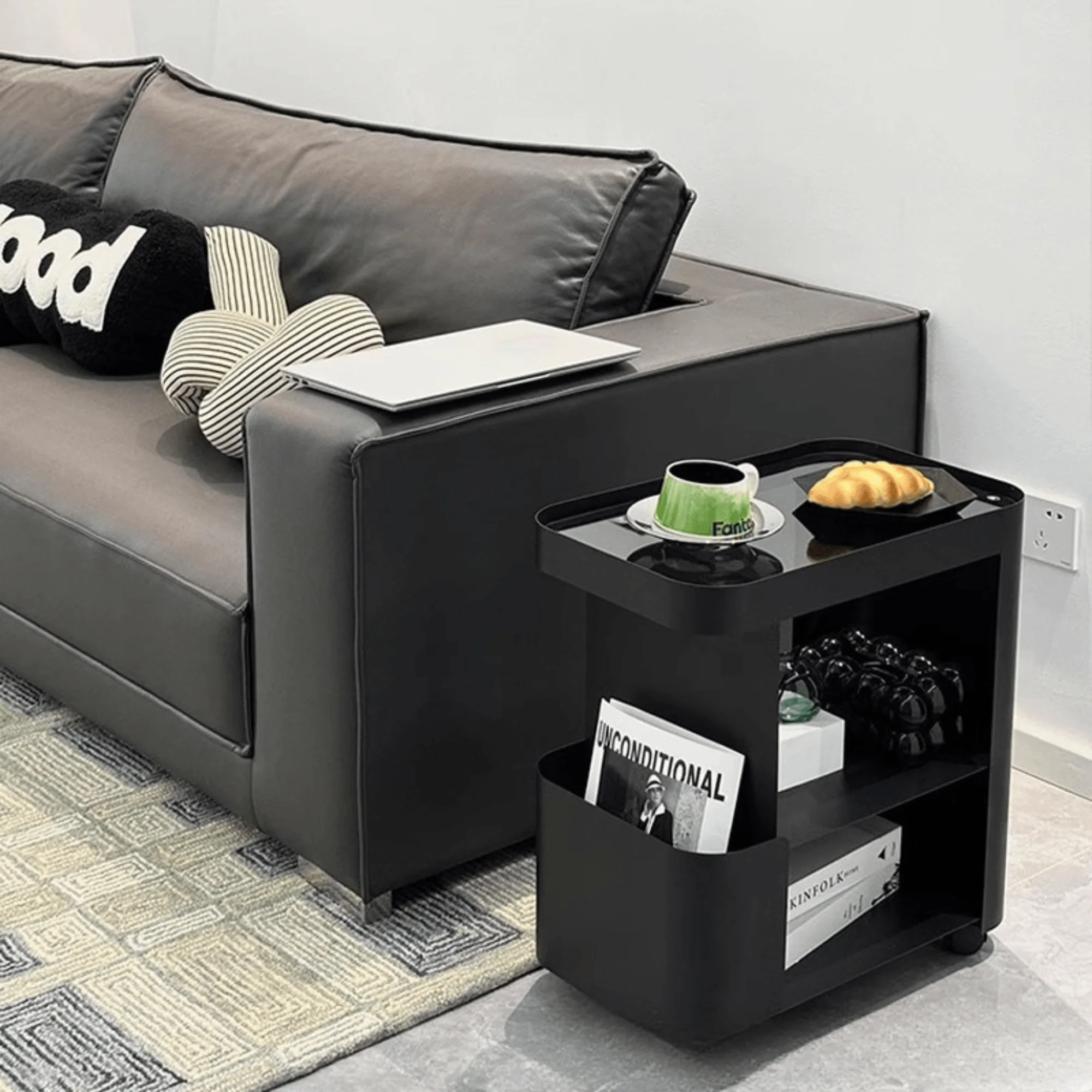 Multi-Functional 3-Tier Compact Bedside Table with Storage Shelves & Wheels - Image 6