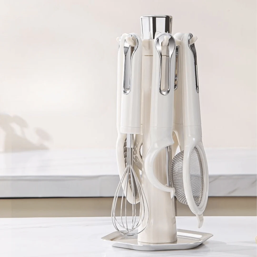Multi-Functional 7-Piece Stainless Steel Kitchen Tools Set with Stand