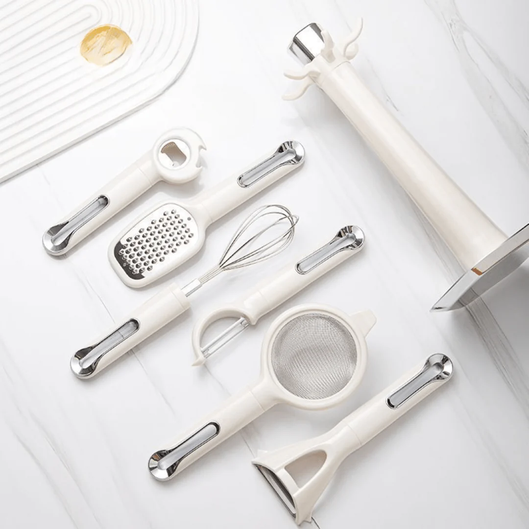 Multi-Functional 7-Piece Stainless Steel Kitchen Tools Set with Stand - Image 3