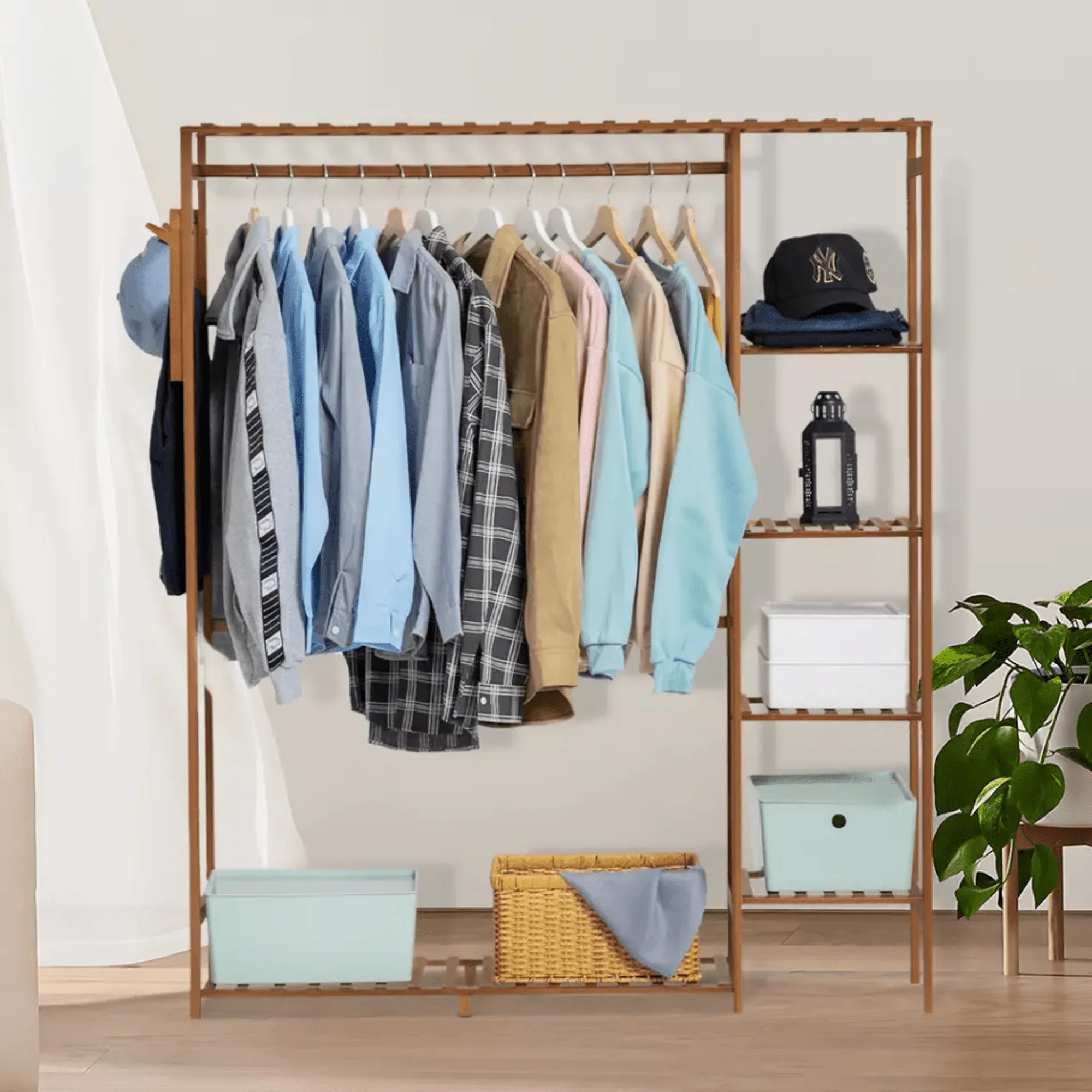 Multi-Functional Bamboo Clothes Rack with Hooks & Pants Storage (123cm) - Image 5