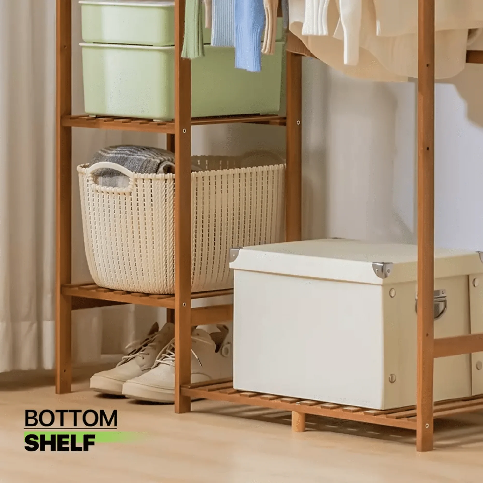 Multi-Functional Bamboo Clothes Rack with Hooks & Pants Storage (123cm) - Image 6