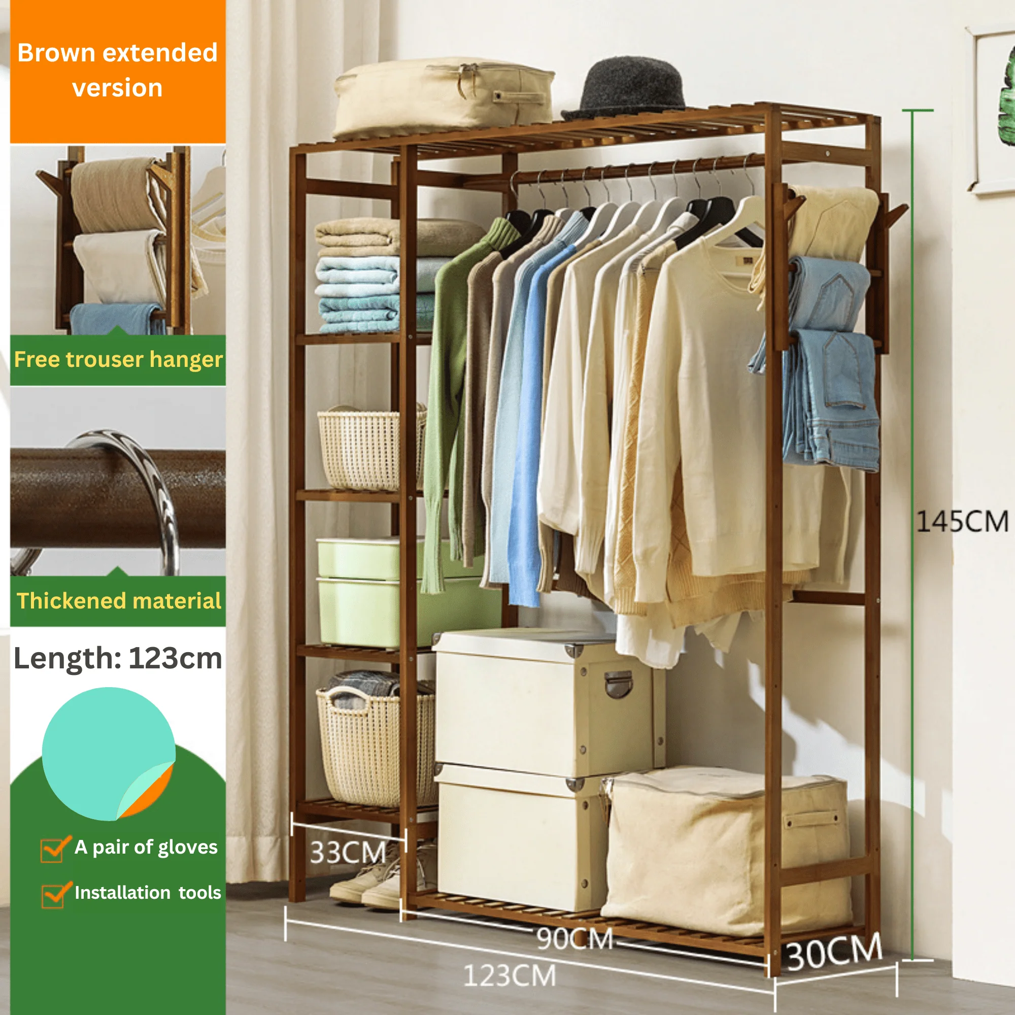 Multi-Functional Bamboo Clothes Rack with Hooks & Pants Storage (123cm) - Image 7