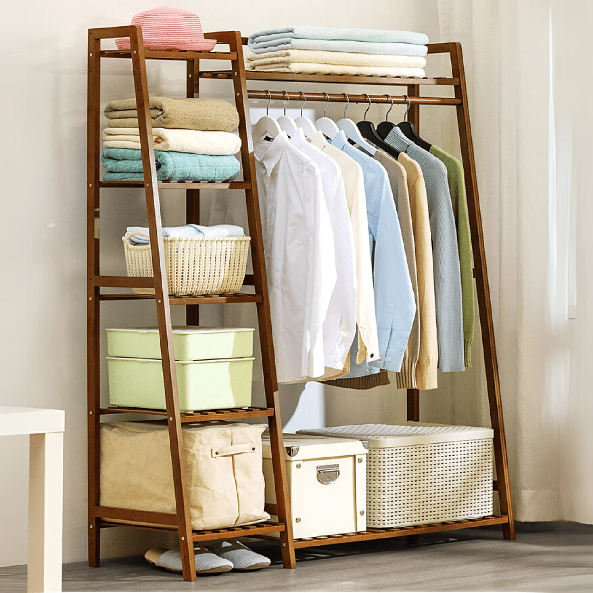 Multi-Functional Bamboo Clothing Rack with Shelves and Hanging Rod (110cm) - Image 3