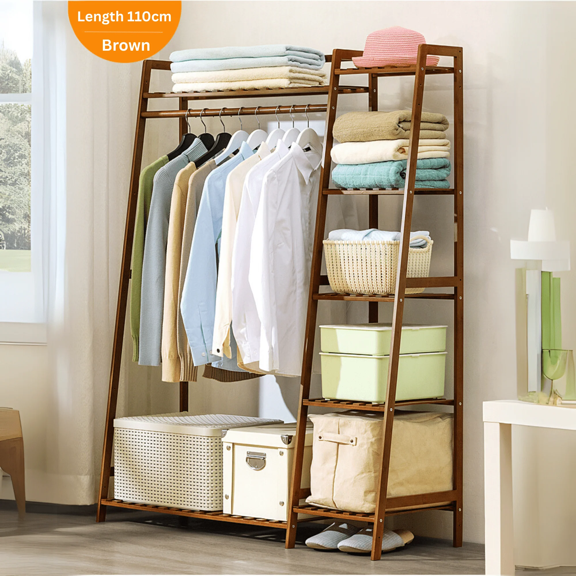 Multi-Functional Bamboo Clothing Rack with Shelves and Hanging Rod (110cm) - Image 4