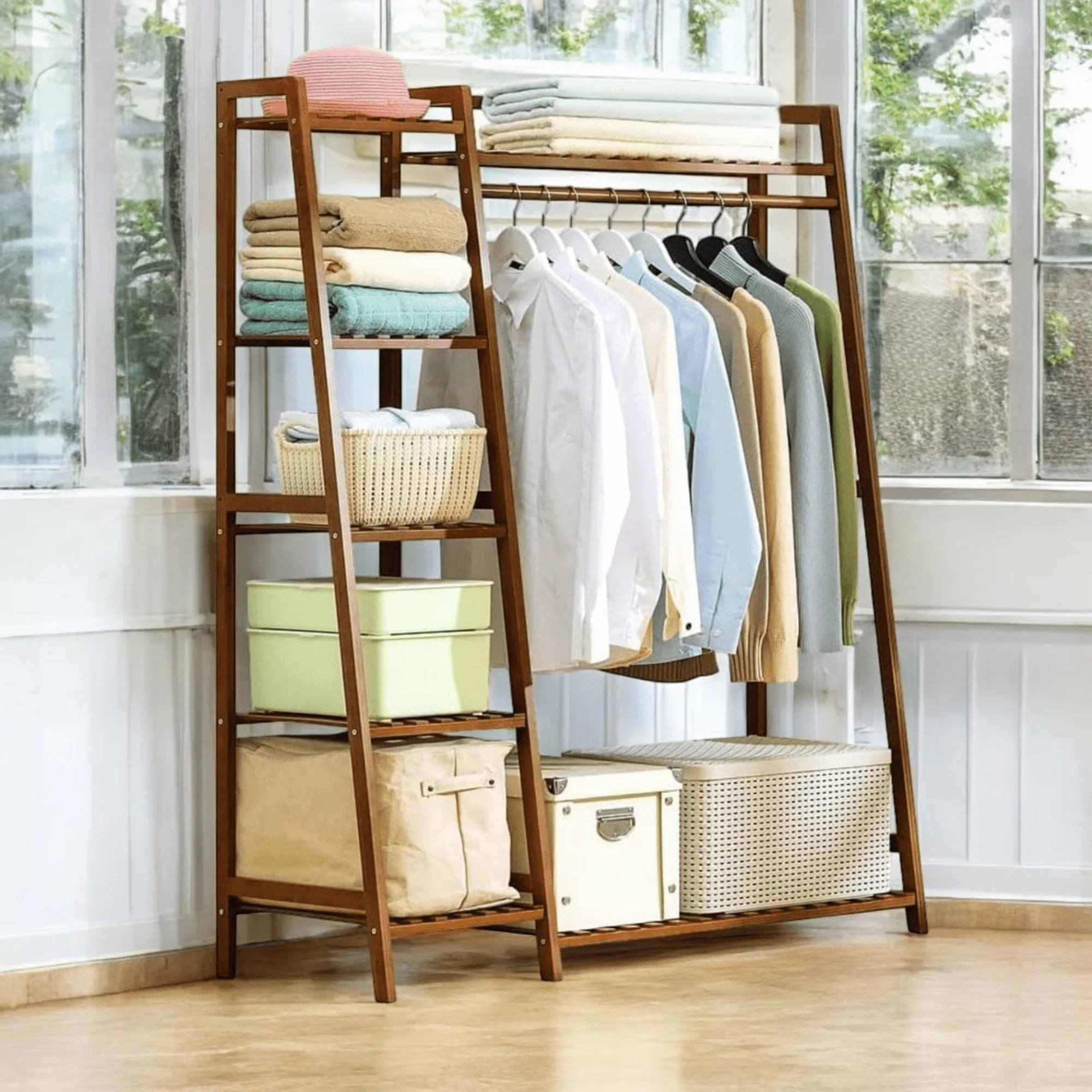 Multi-Functional Bamboo Clothing Rack with Shelves and Hanging Rod (110cm) - Image 5