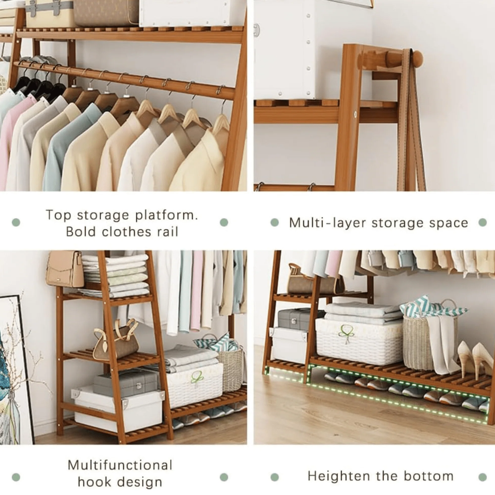 Multi-Functional Bamboo Clothing Rack with Shelves and Hanging Rod (110cm) - Image 6