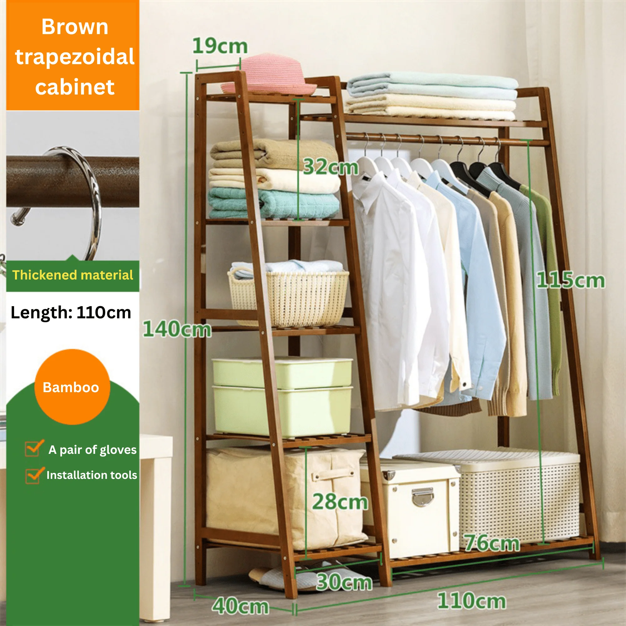 Multi-Functional Bamboo Clothing Rack with Shelves and Hanging Rod (110cm) - Image 7