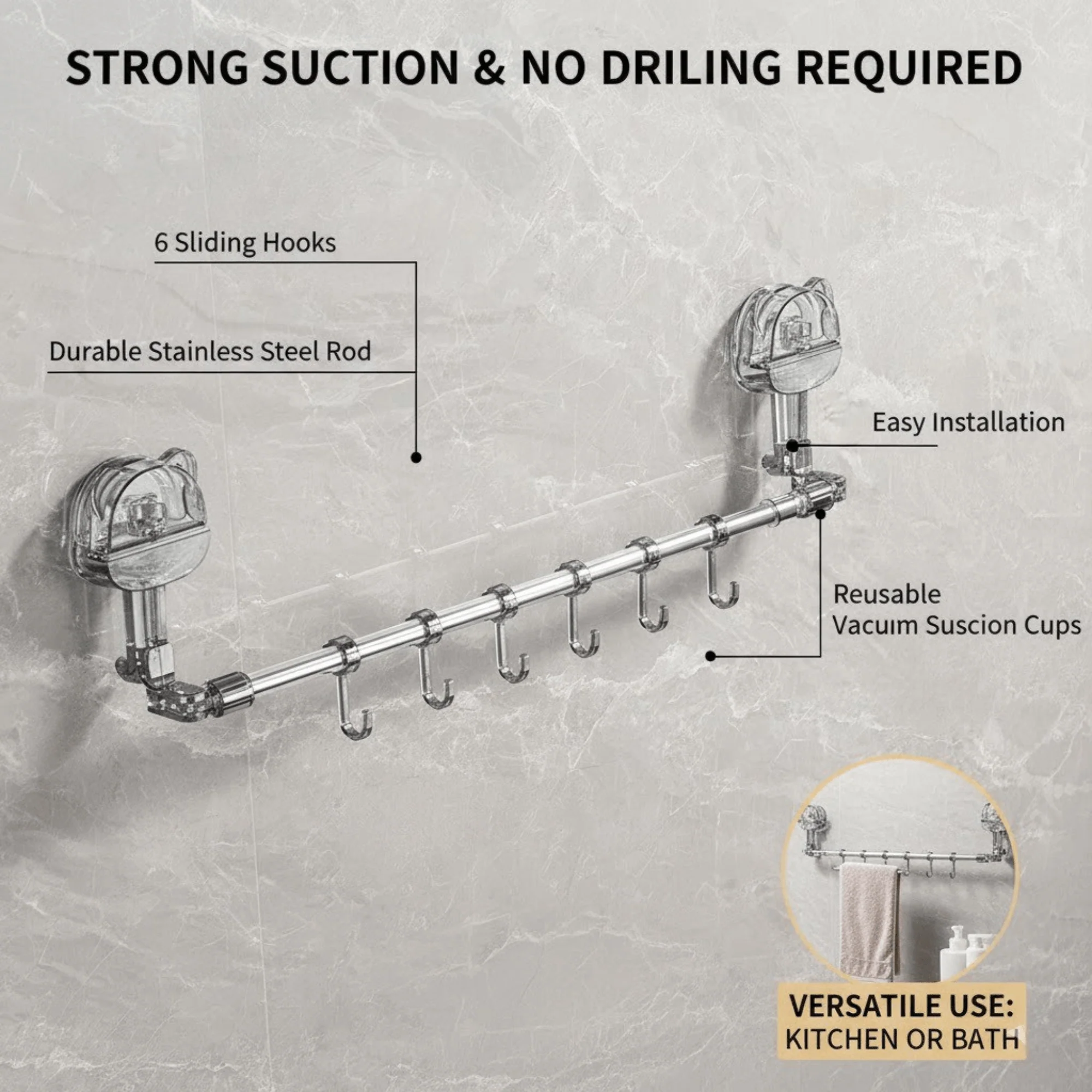 Multi-Functional Drill Free Retractable Storage Rack with 6 Hooks - Image 8