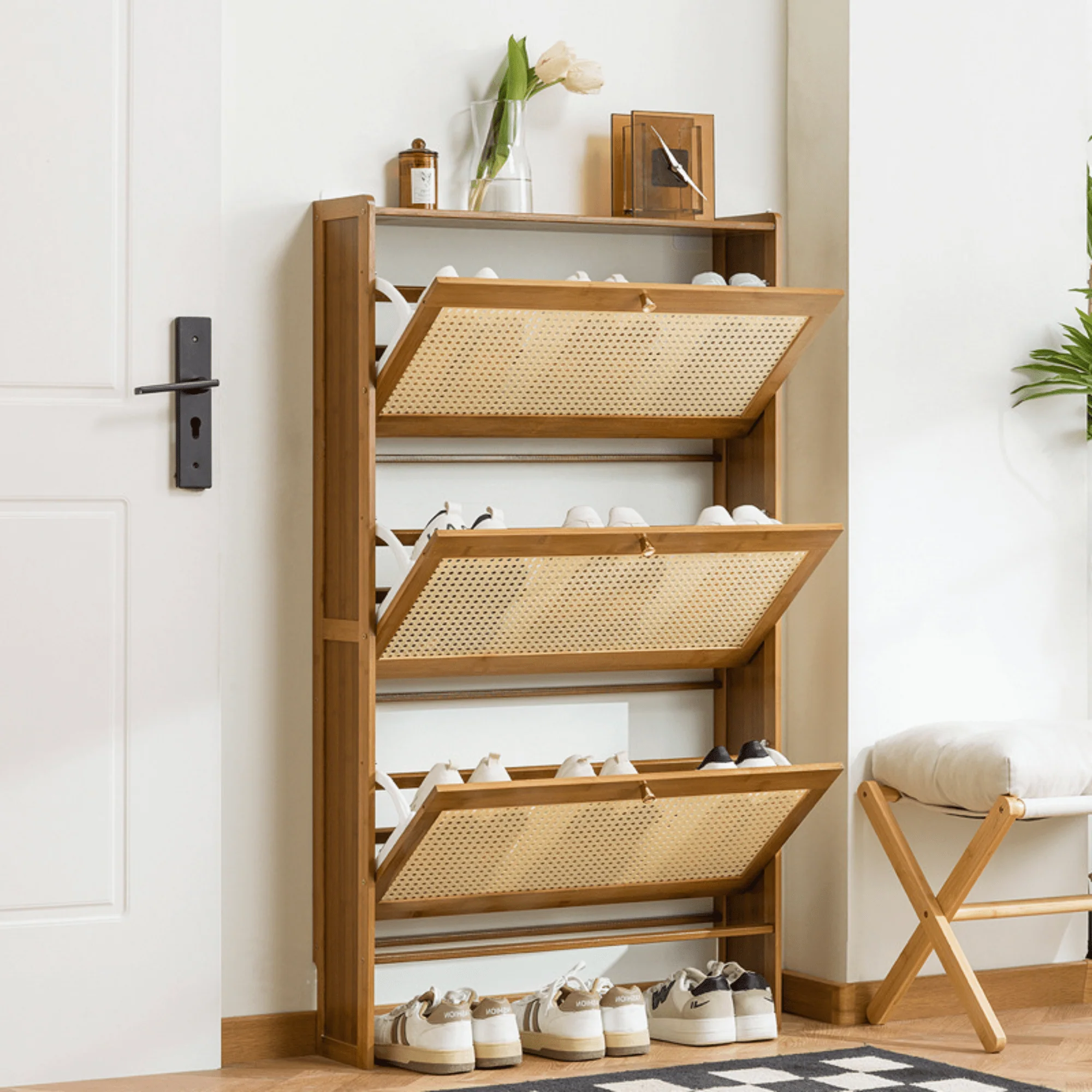 Multi-Layer Bamboo Wooden Shoe Organizer with Dustproof Doors (Brown-70cm) - Image 3