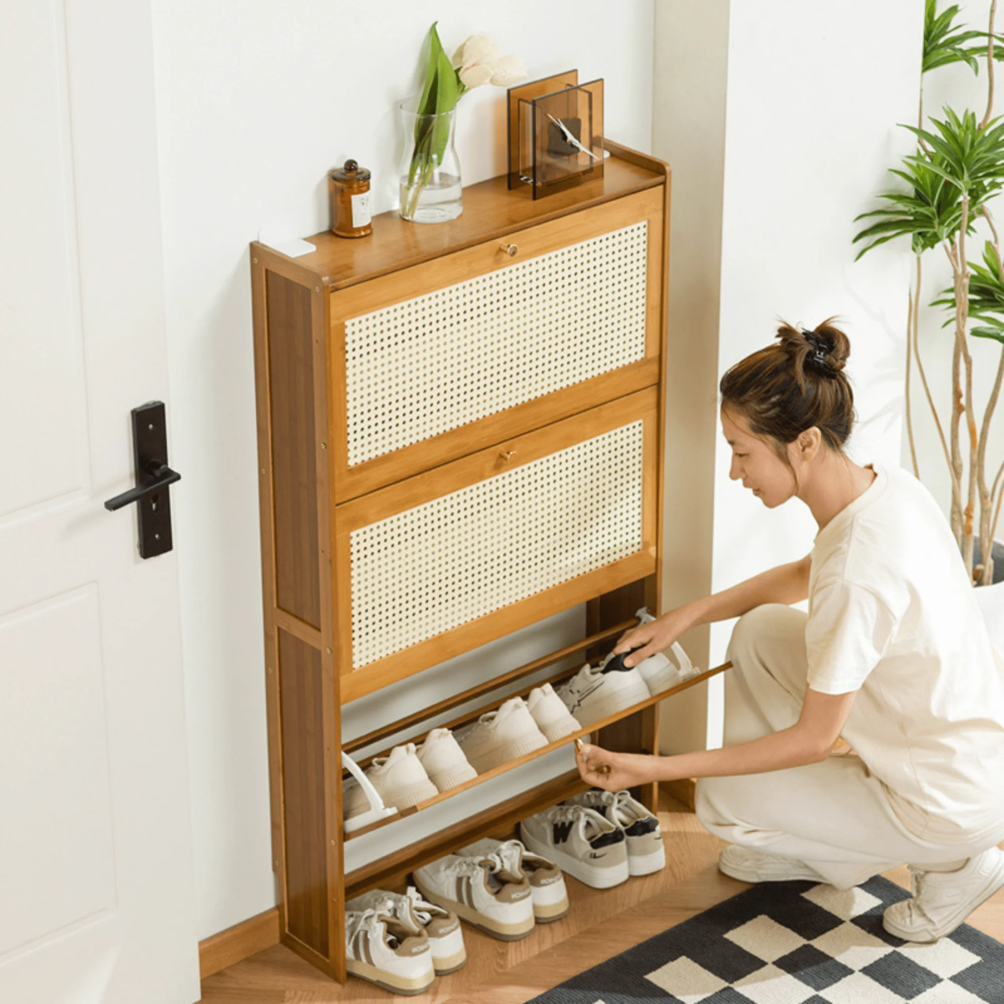 Multi-Layer Bamboo Wooden Shoe Organizer with Dustproof Doors (Brown-70cm) - Image 4