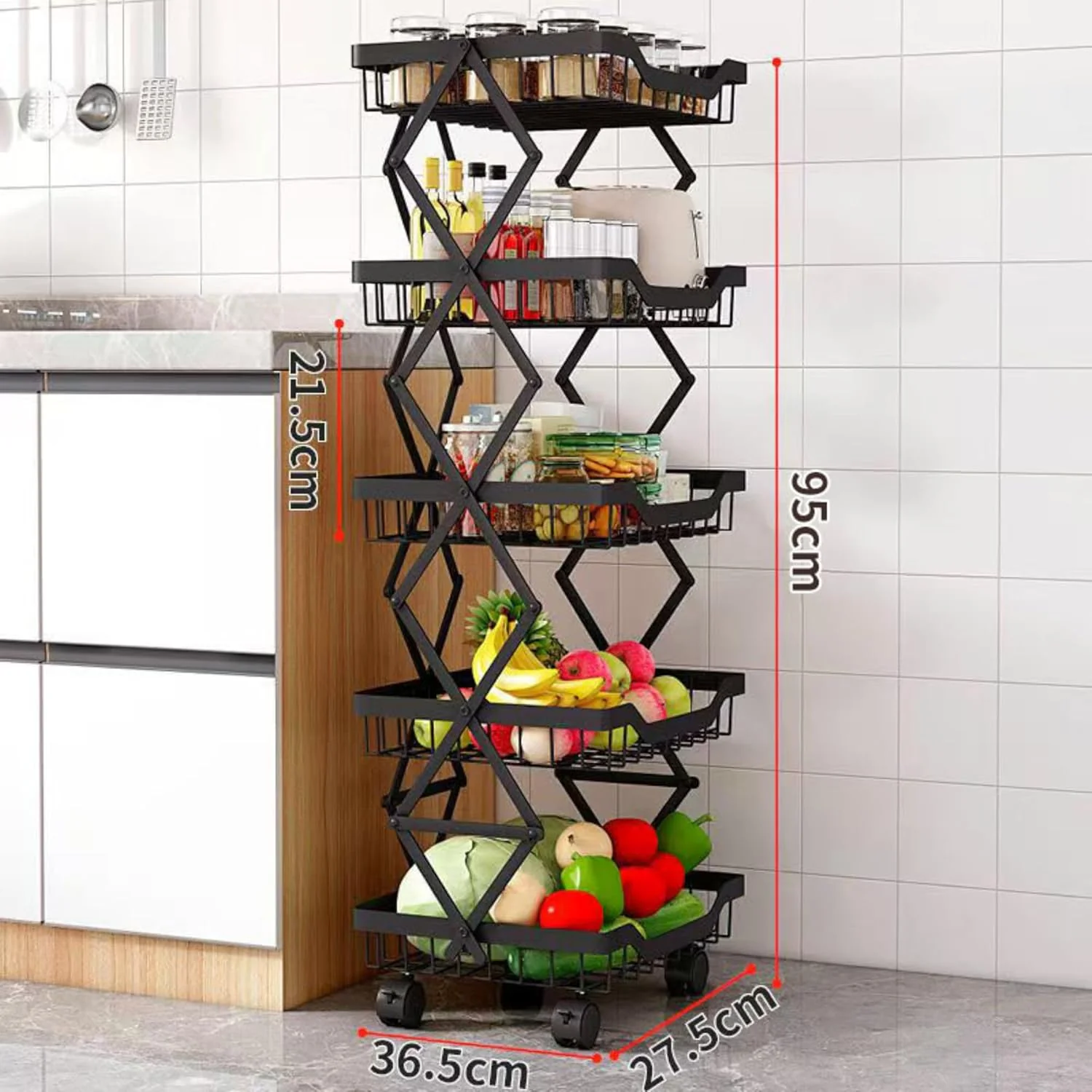 Multi-Layer Foldable Rolling Vegetable & Fruit Rack (95cm) - Image 10
