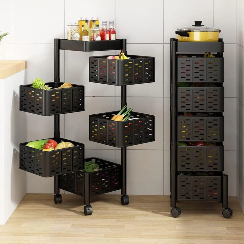 Multi-Layer Kitchen Shelf Rotating Basket Tower With Wheels - Image 3