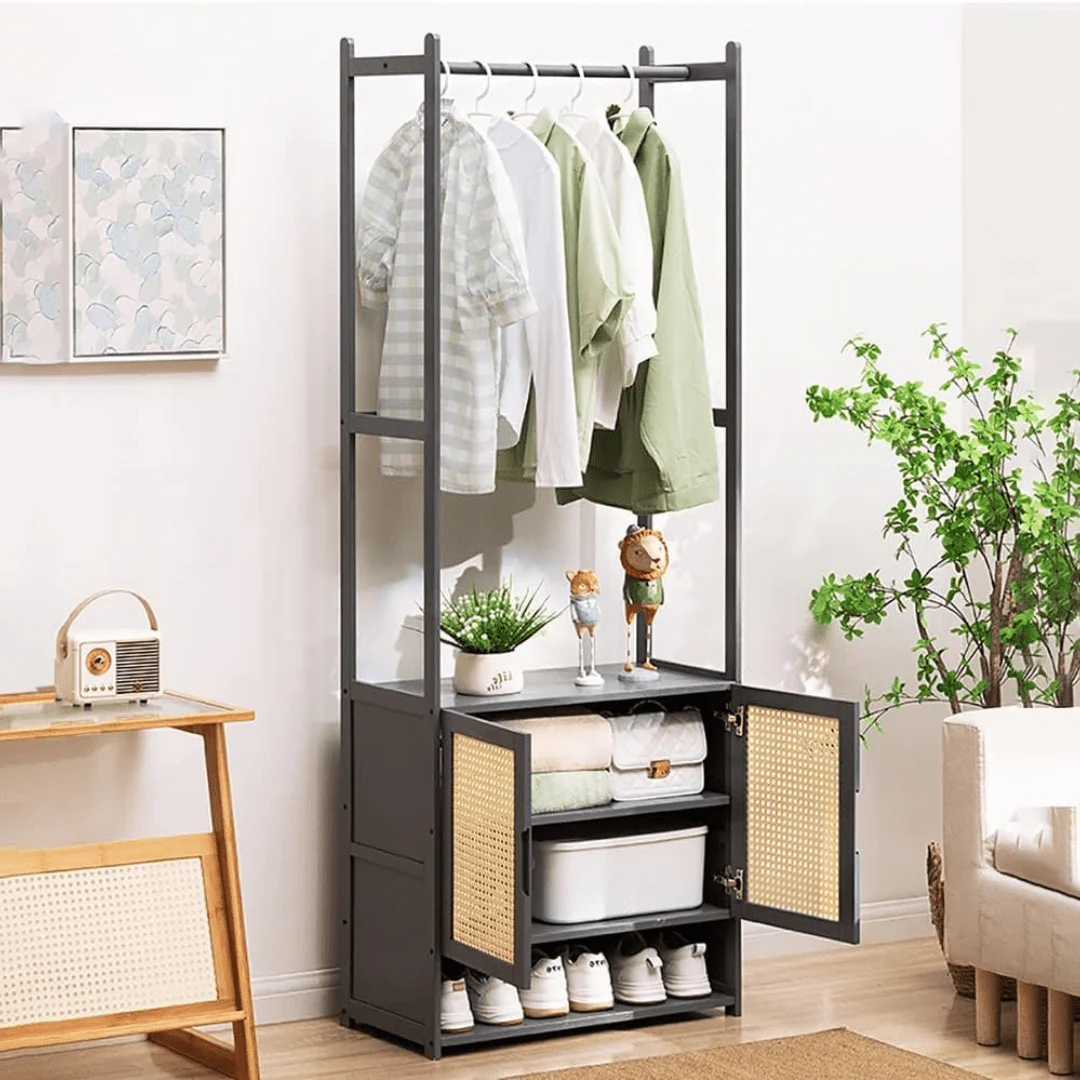 Multi-Purpose Bamboo Wood Clothing Rack Organizer with Shoe Rack (Black-62cm) - Image 3