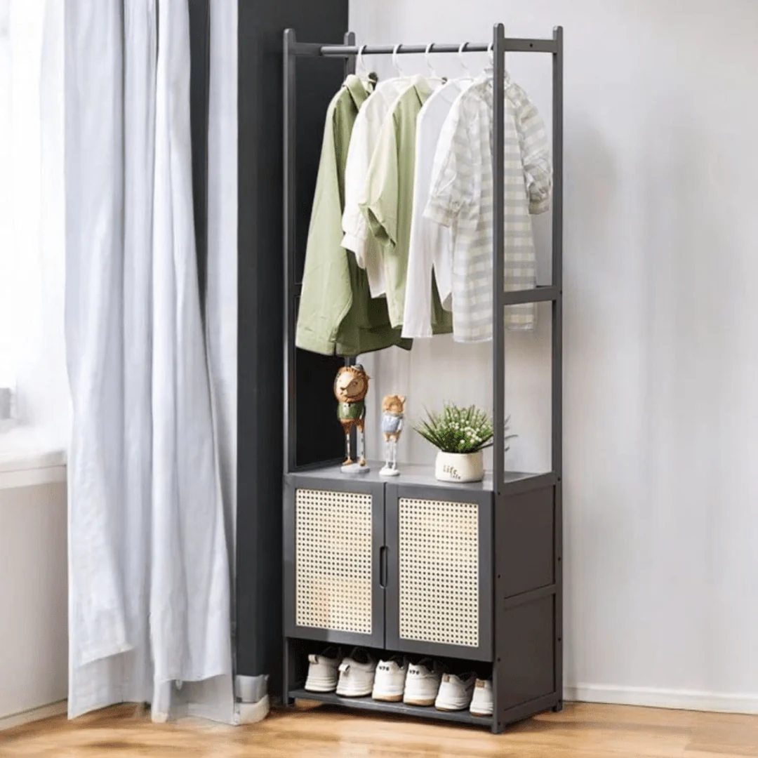 Multi-Purpose Bamboo Wood Clothing Rack Organizer with Shoe Rack (Black-62cm) - Image 4