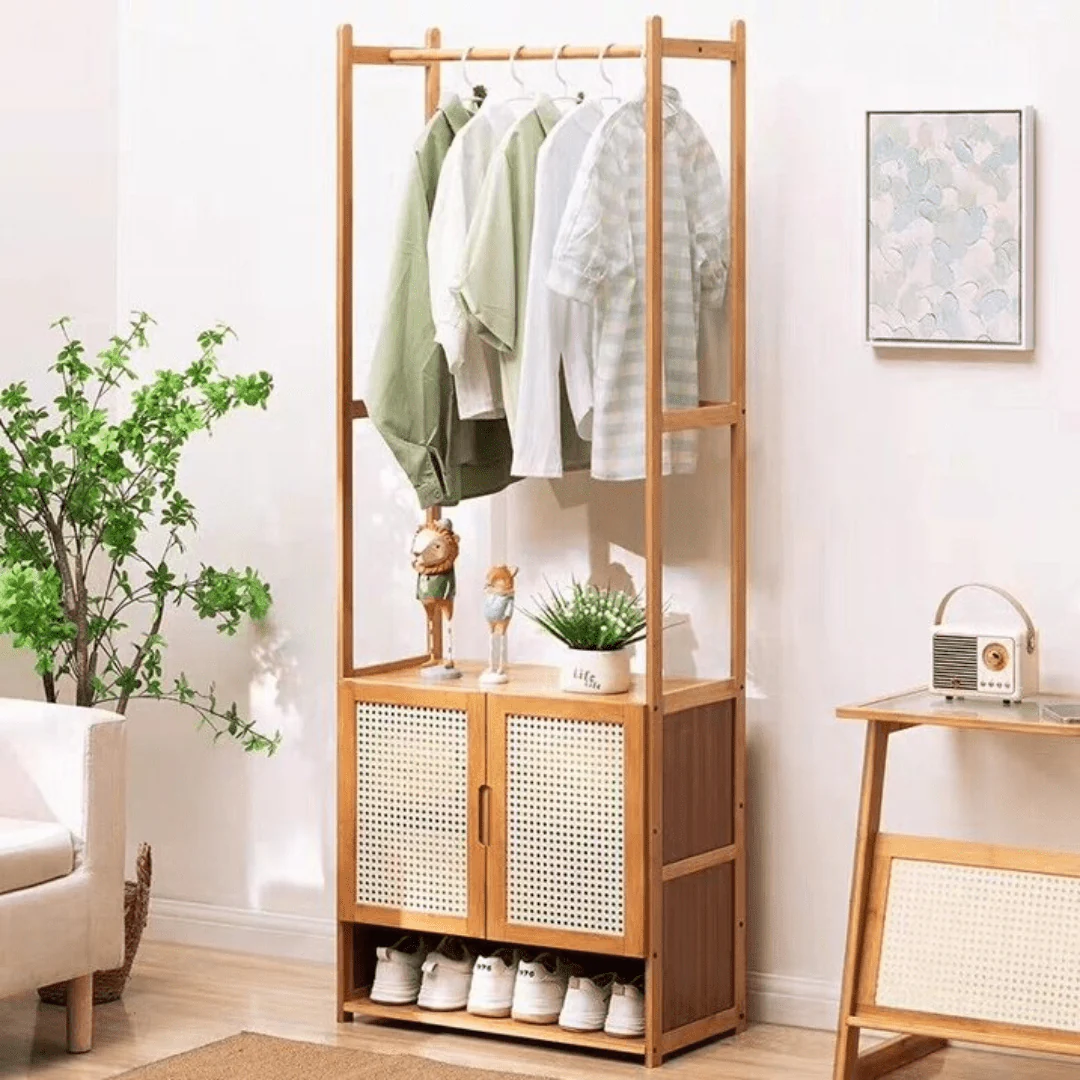 Multi-Purpose Bamboo Wood Clothing Rack Organizer with Shoe Rack (Brown-62cm) - Image 3