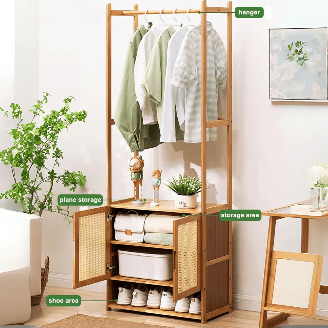 Multi-Purpose Bamboo Wood Clothing Rack Organizer with Shoe Rack (Brown-62cm) - Image 6