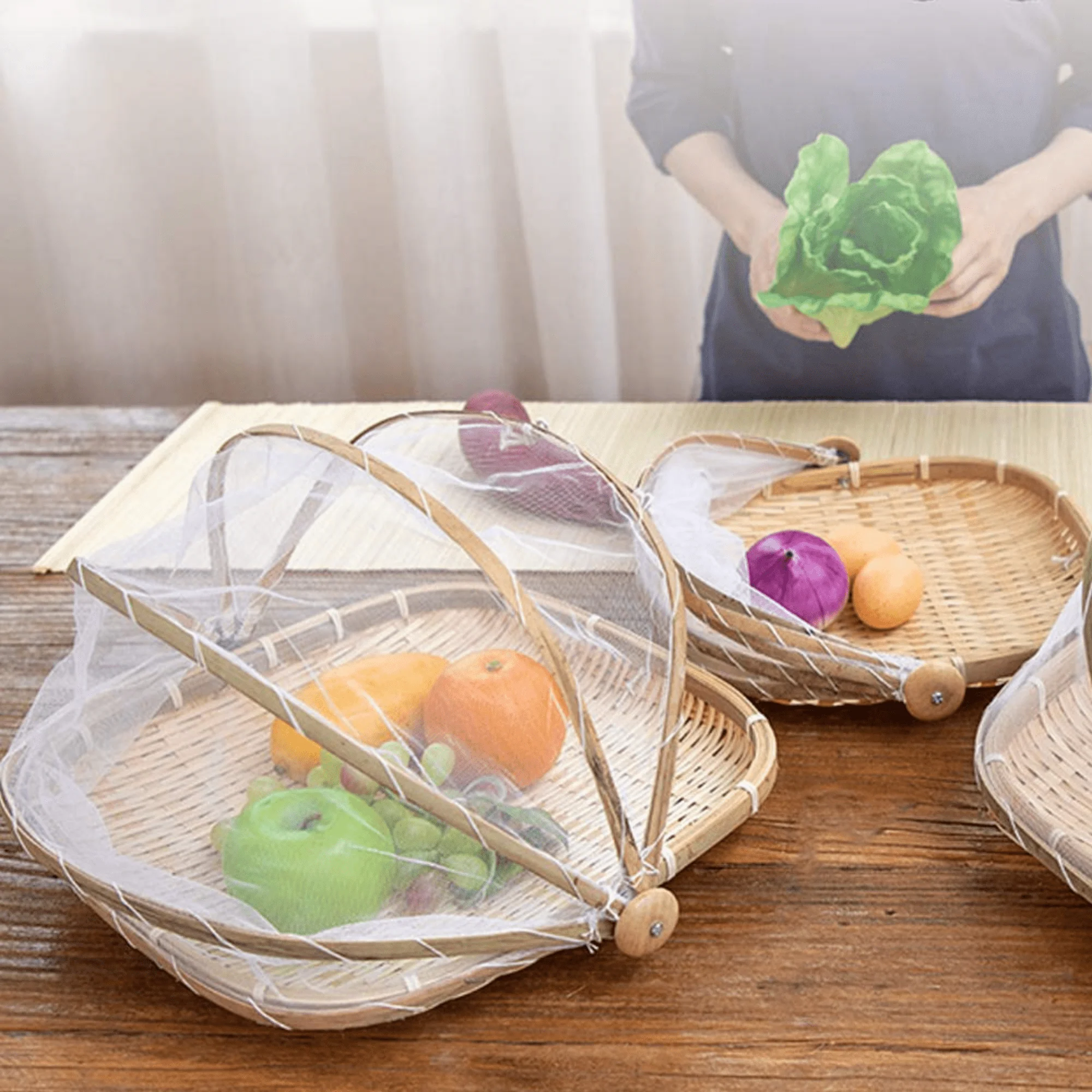 Multi-Purpose Handwoven Bamboo Basket with Mesh Food Cover - Image 4