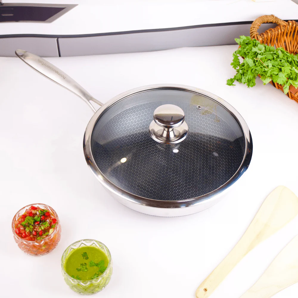Multi-Purpose Honeycomb Stainless Steel Deep Frying Pan with Composite Lid (28 cm) - Image 3