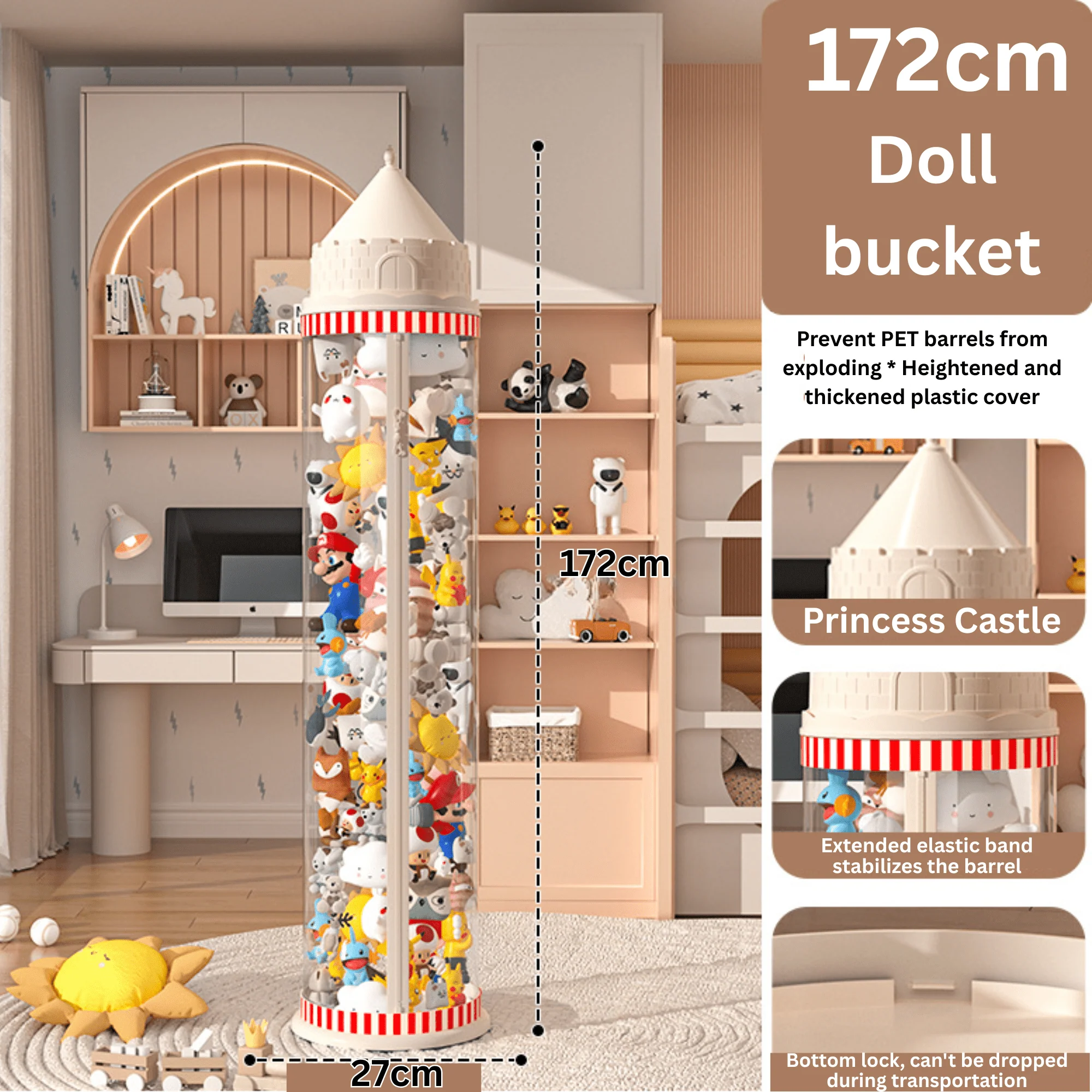 Multi-Purpose Plastic Princess Castle Doll Storage Bucket with Zipper (27cm) - Image 10