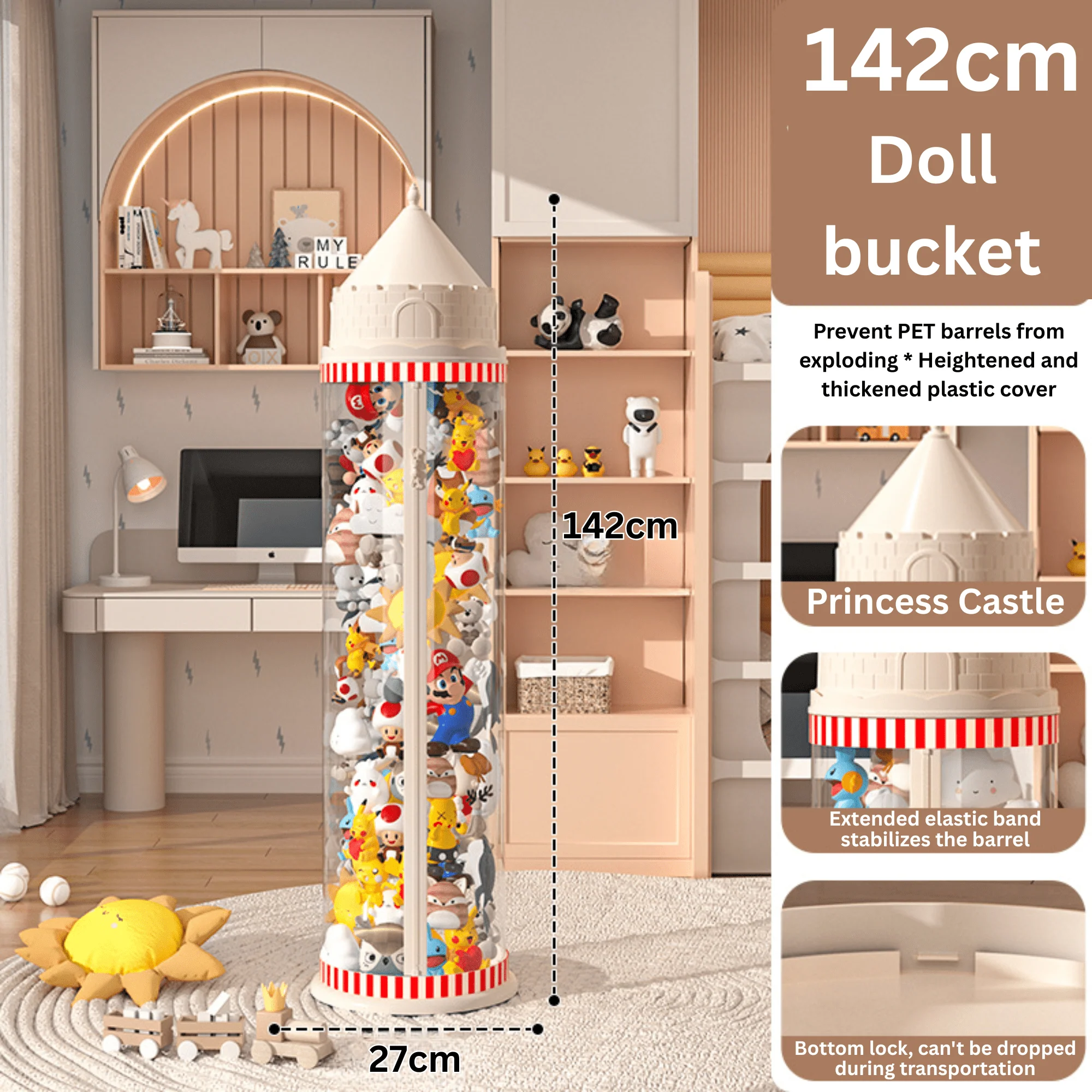 Multi-Purpose Plastic Princess Castle Doll Storage Bucket with Zipper (27cm) - Image 8