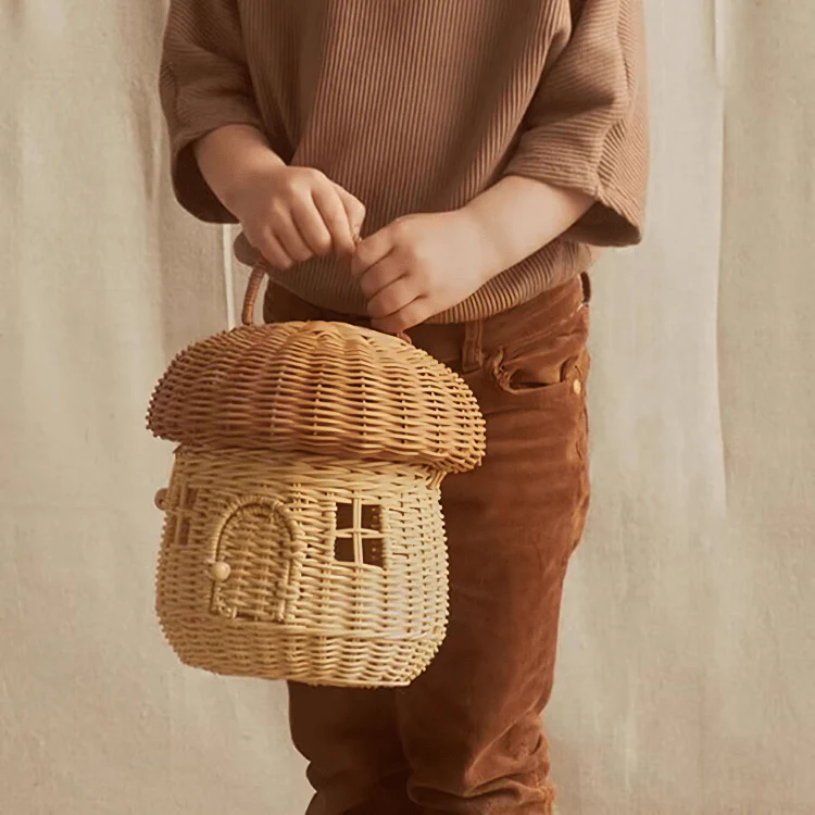 Multi-Purpose Rattan Woven Mushroom Storage Basket with Lid - Image 2